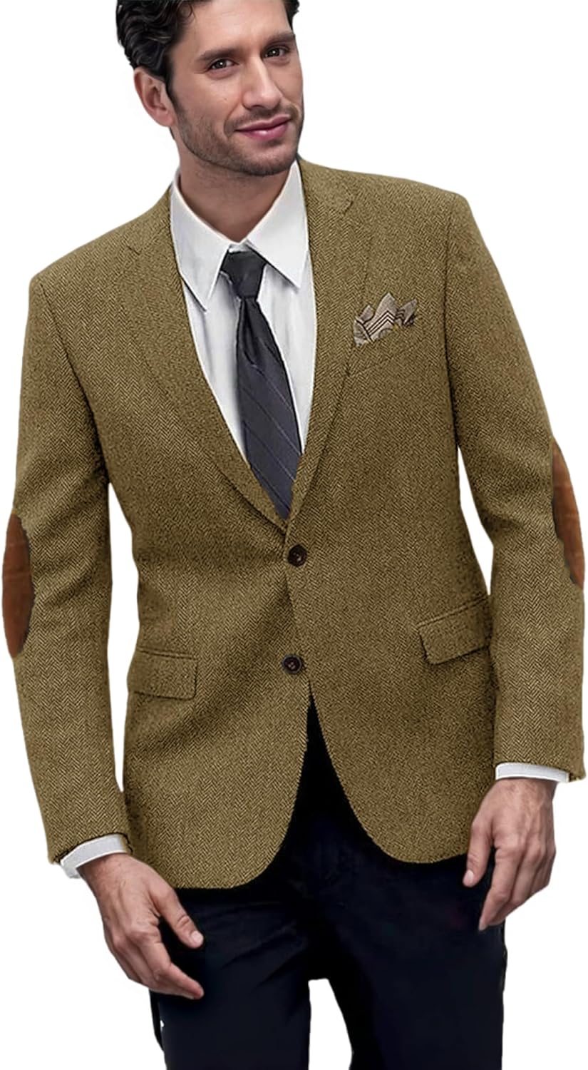 Mens' Suit Tweed Herringbone Blazer Jacket with Elbow Patch Notched Lapel Casual Slim Fit Tuxedo Blazer Coat