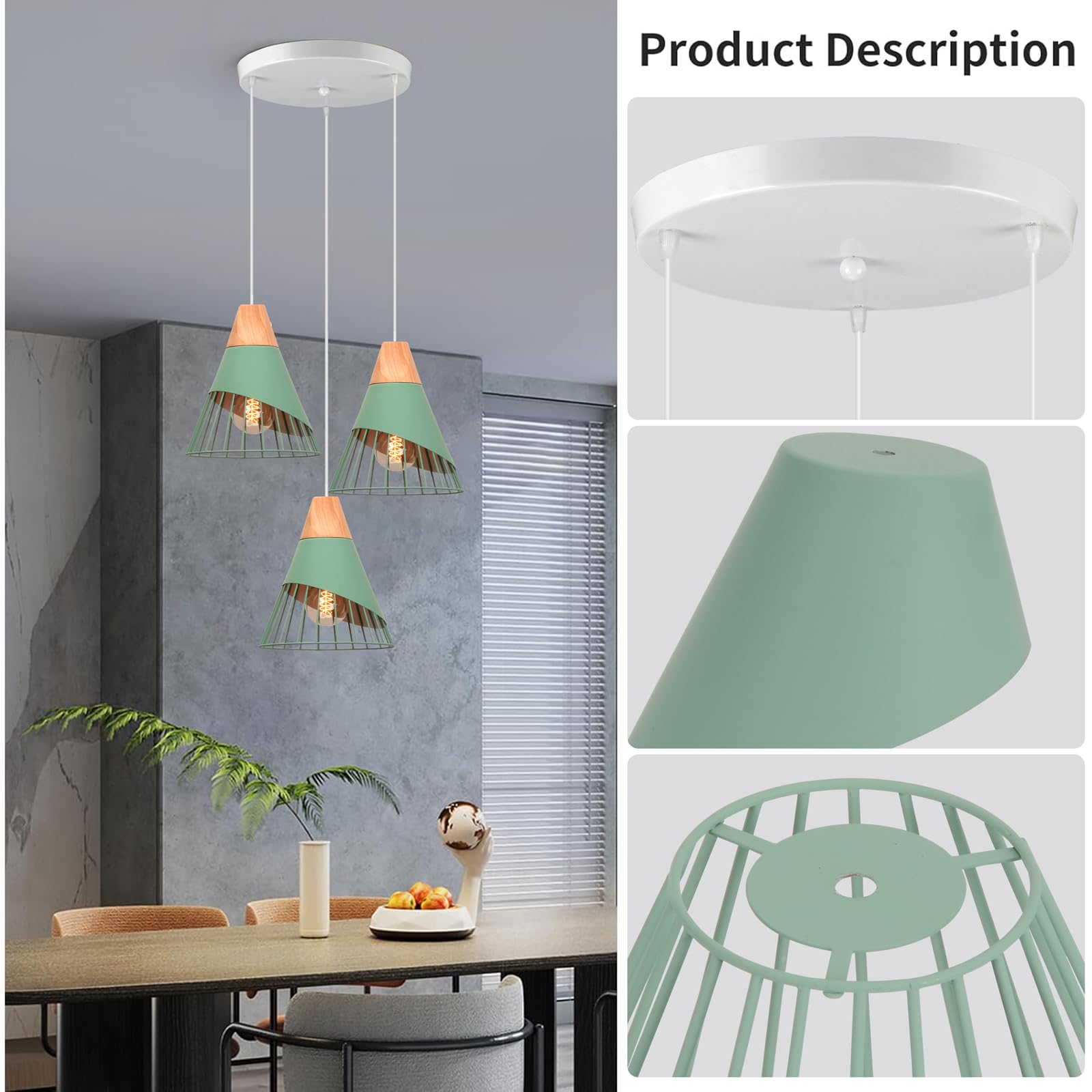 Lampada a sospensione Design E27 Industriale Lampada da soffitto Moderna Legno e Metallo Lampadari e Plafoniere Interni Ø25cm Per Cucina Camera da letto Sala Da Pranzo (Verde - 3 luci - base)