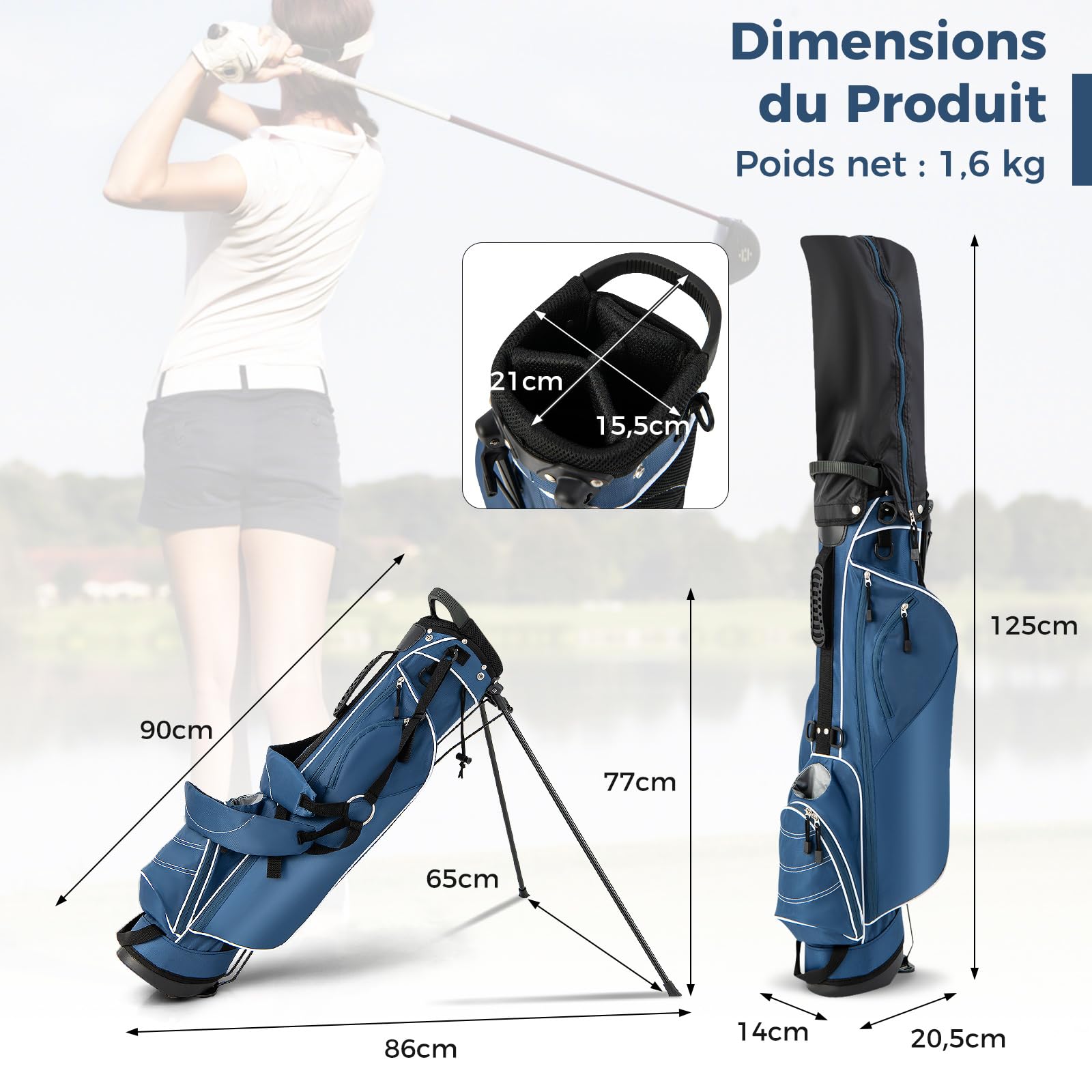 COSTWAY Sac de Golf Trépied à Compartiments à 4 Voies, Sac de Transport pour Golf avec 4 Poches Zippées Sac Isotherme Bandoulière Double, pour Club de Golf Vacances (Bleu)