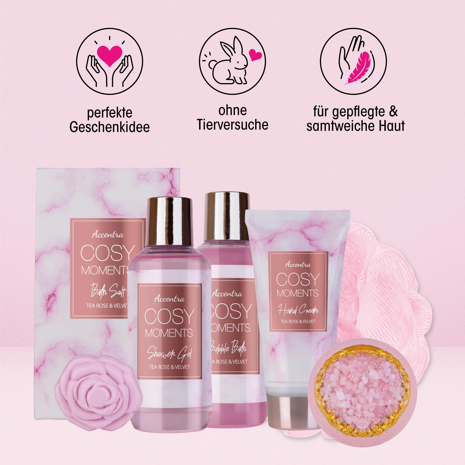 Accentra - COSY MOMENTS zestaw do kąpieli i prysznica w kolorze różowym – zestaw prezentowy do relaksu dla kobiet na urodziny lub Walentynki – 7-częściowy zestaw upominkowy i pielęgnacyjny z mini