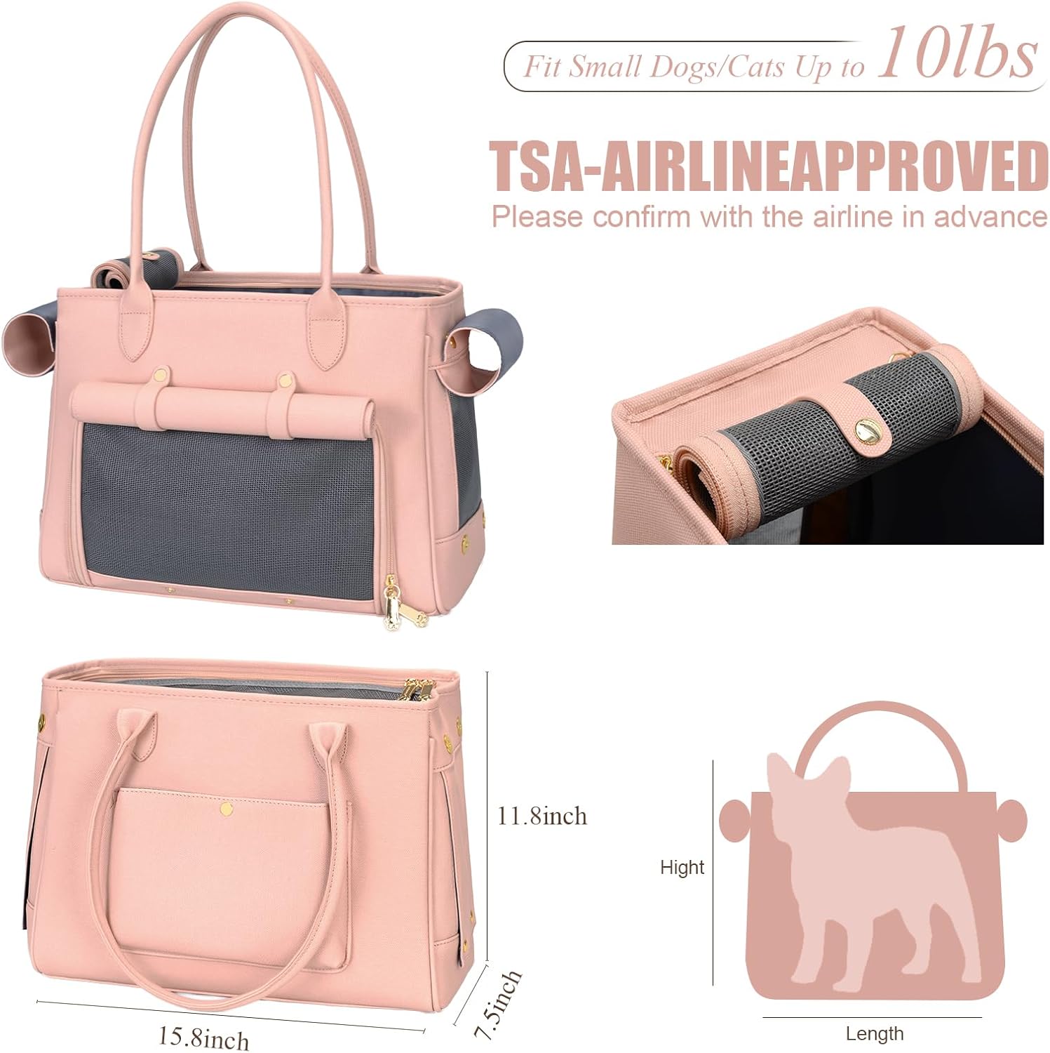 Minsong Fashion Pet Carrier Purse for Small Cat and Dog, Luxury Pu Soft-Sided Tote Bag with Large Pockets for Dogs and Puppies (Pink, 15.8" L x 7.5" W x 11.8" H)