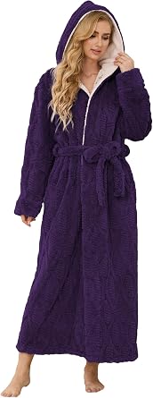 Womens Hooded Fleece Bathrobe, Floor Length Long Robe with Pockets