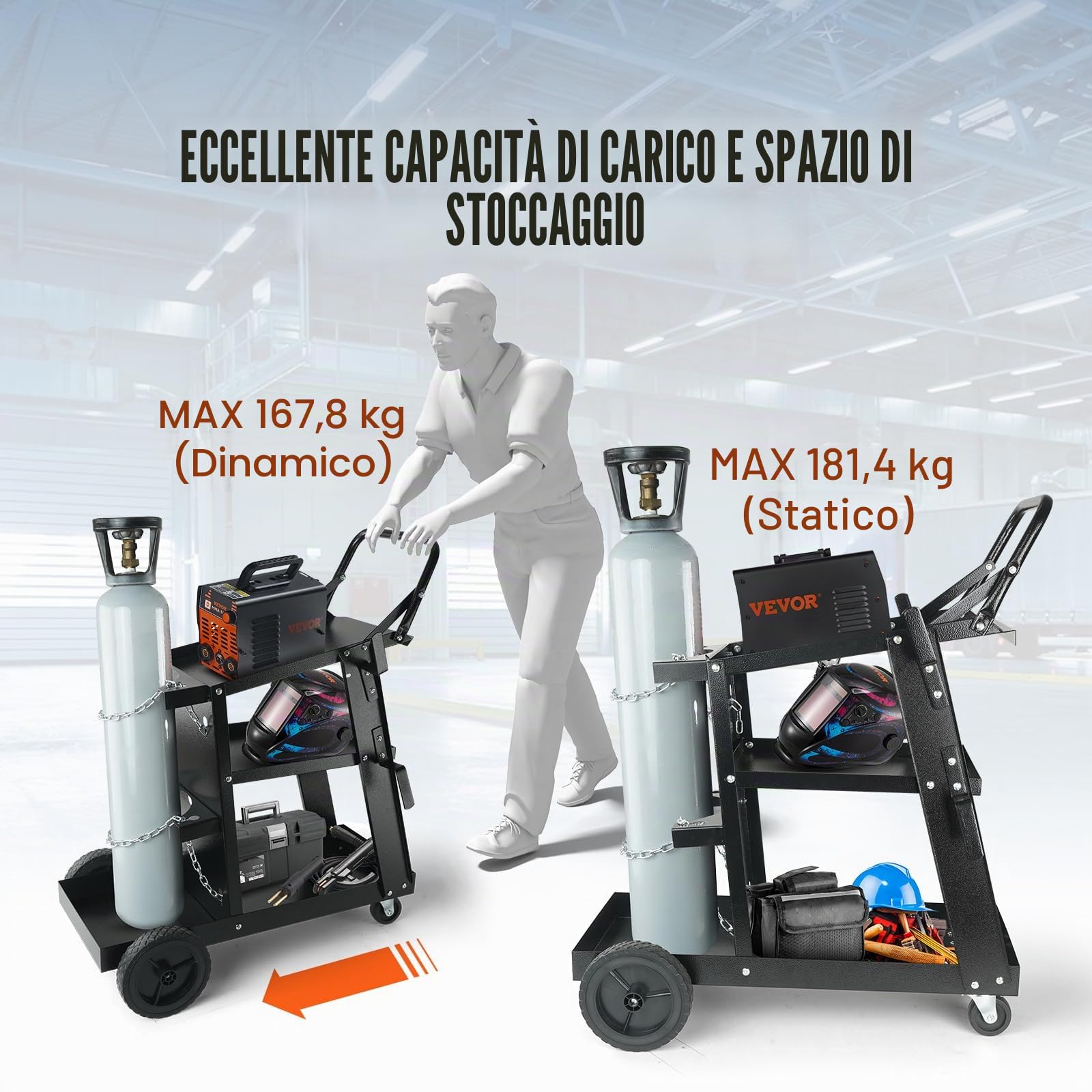 VEVOR Carrello per Saldatura a 3 Ripiani Carrello per Trasporto Saldatrice con Ruote Carico Massimo 168-181 kg Carrello per Attrezzatura di Saldatura MIG TIG ARC MMA Taglierina al Plasma da Officina