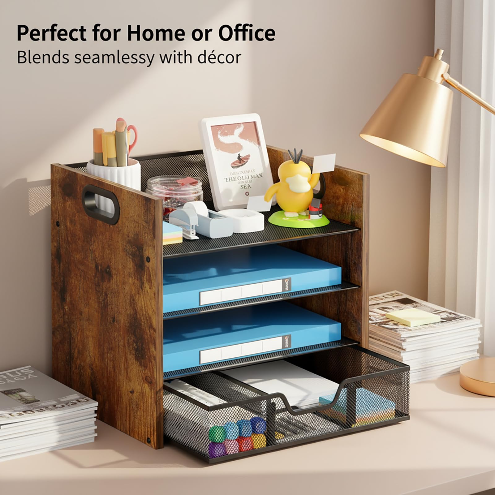 Schreibtisch-Organizer aus Holz – 4-stöckiger Schreibtisch-Organizer mit Schublade, Holz-Papierablage, Büro-Schreibtisch-Organizer für Papiere, Post, Notizbücher, Schreibwaren