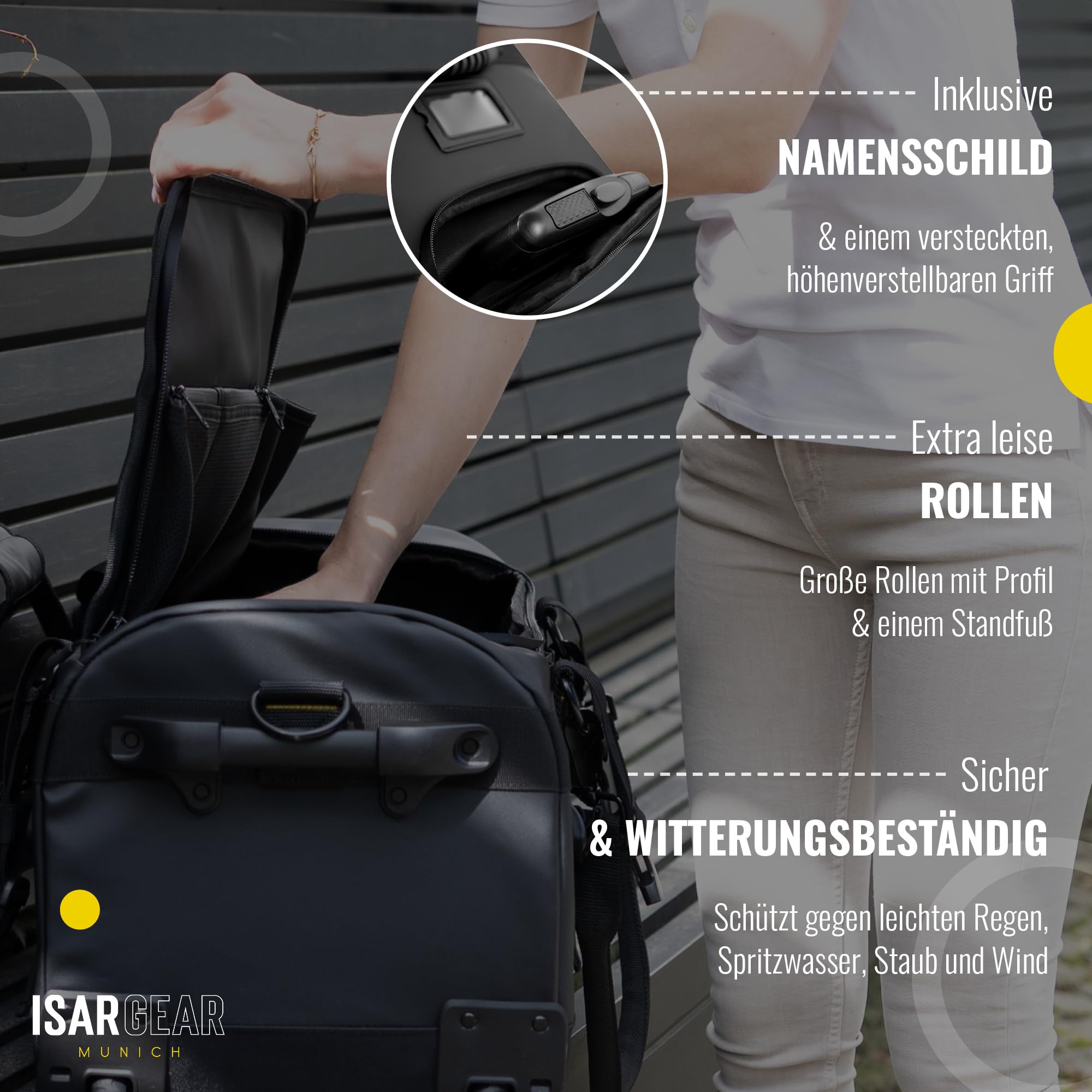 Isar Gear® Reisetasche mit Rollen 60 Liter - Outdoor Travel Bag (Schwarz) aus wetterfestem Material - Großer Reisekoffer mit Rollen, Sporttasche mit Rollen, Duffle Bag - Trolley (Koffertasche)