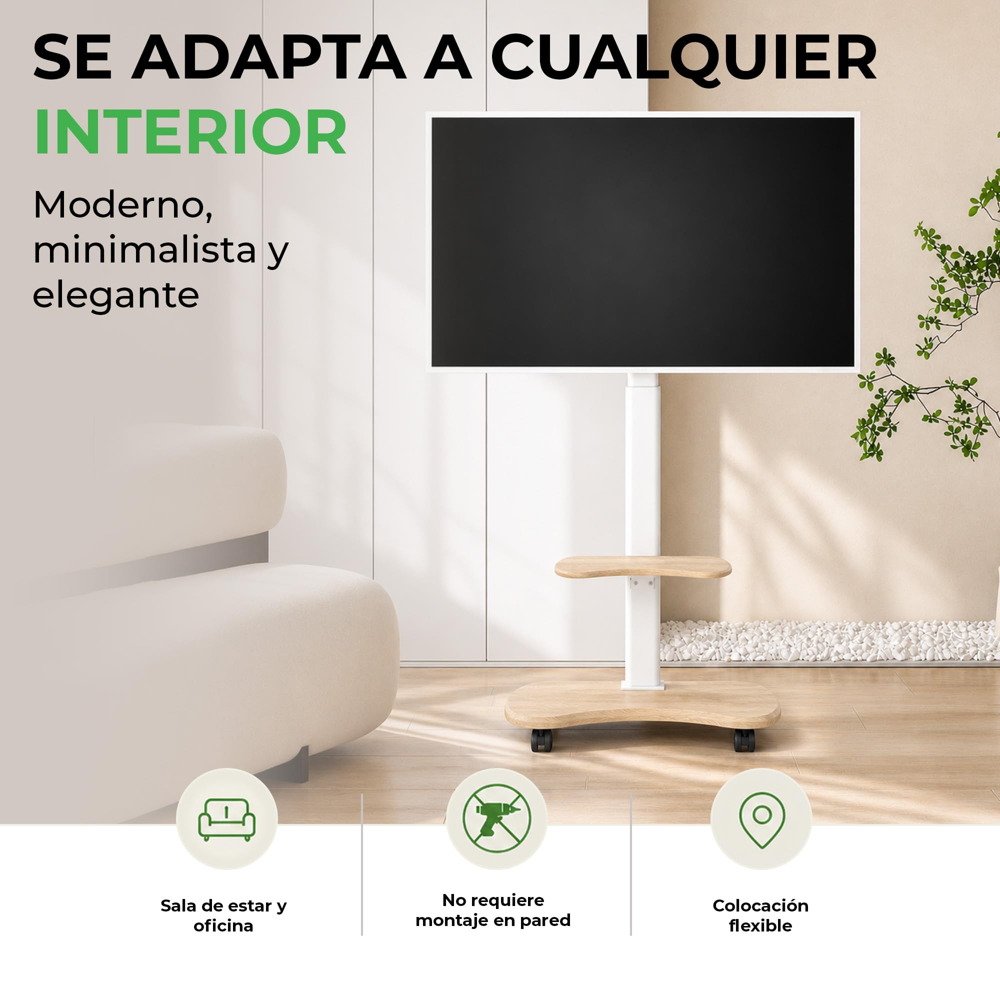 Stellar Soporte TV Pie Rodante con Estantería de Madera - Stand Giratorio de Altura Ajustable con Ruedas para TV de 32-70" de hasta 45 kg - Soporte Ruedas Universal VESA Máx. 600x400mm