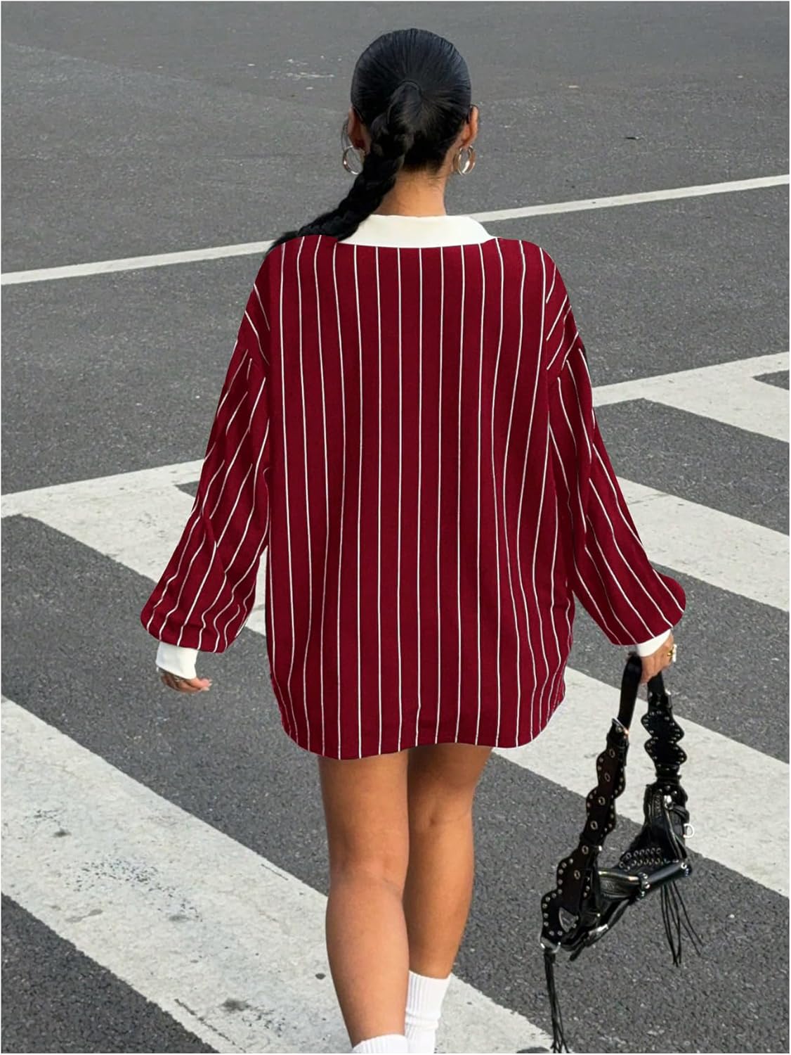 SOLY HUX Women's Oversized Tees Striped Letter Print Y2k Jersey T Shirt Collar V Neck Long Sleeve Loose Tops - Image 2