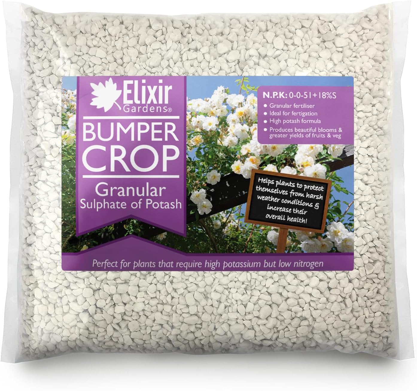 Elixir Gardens | Granular Sulphate of Potash/Potassium Sulphate Fertiliser | 250g - 25kg Available in Bag or Tub | Treats upto 33sqm | 1kg Bag