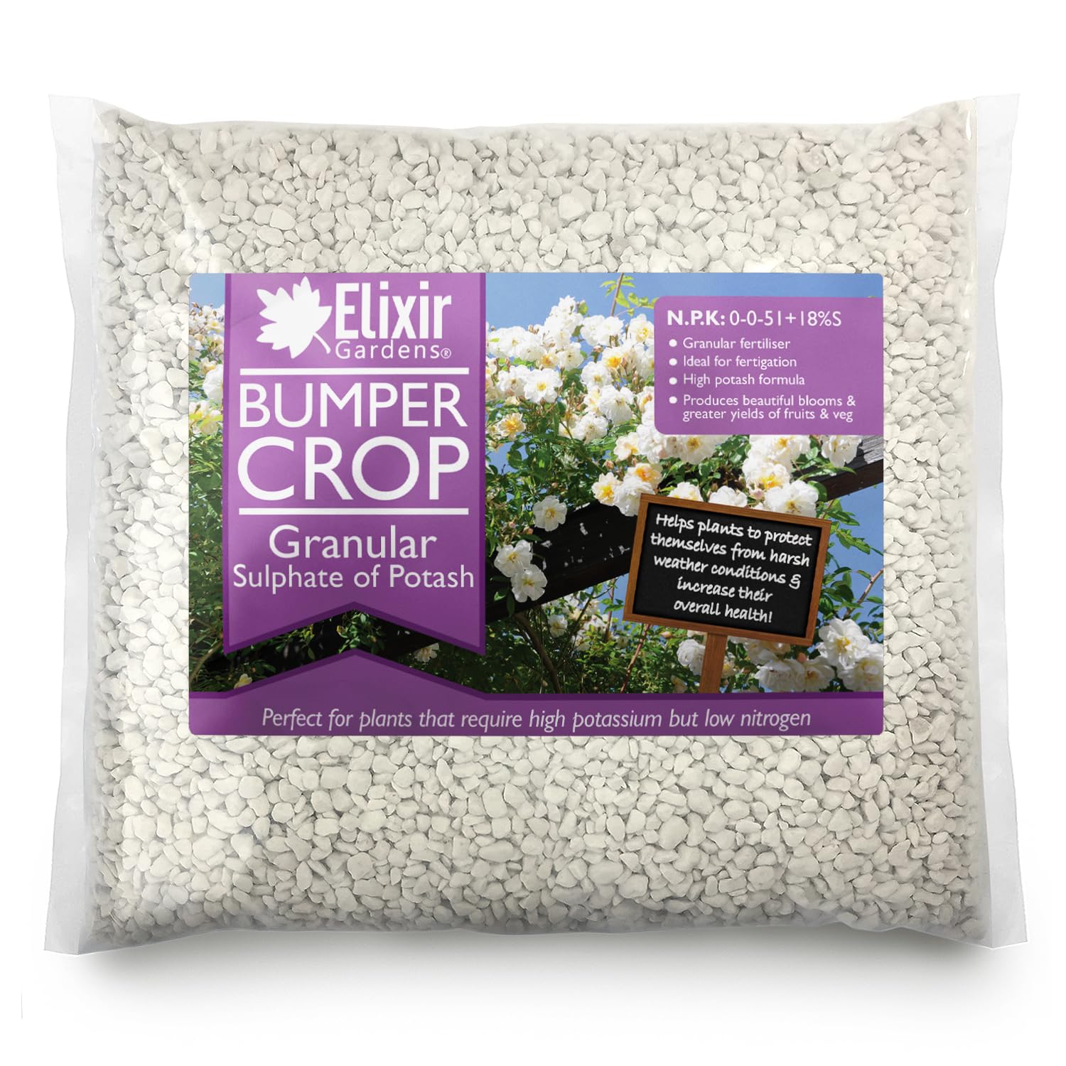 Elixir Gardens | Granular Sulphate of Potash/Potassium Sulphate Fertiliser | 250g - 25kg Available in Bag or Tub | Treats upto 33sqm | 1kg Bag