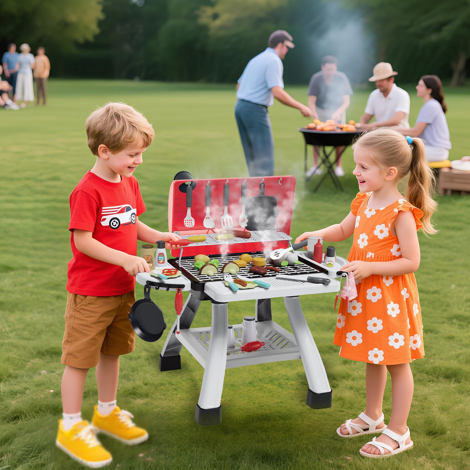 Cuisine BBQ pour Enfants, Maisonnette de Jeu Extérieur à 2 Étages avec 41 Pièces, Jouets Aliments Interactifs pour Noël ou Anniversaire des Tout-Petits 3-10