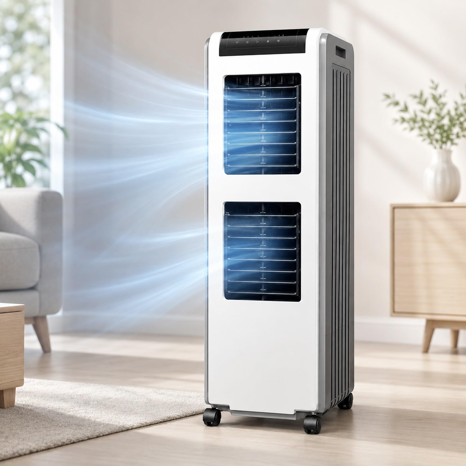 WPWSDWMX Portable Evaporative Cooler with Water Tank, Dual Impeller Swamp Cooler 1-7H Timer Touch and Remote Control, for Home Office