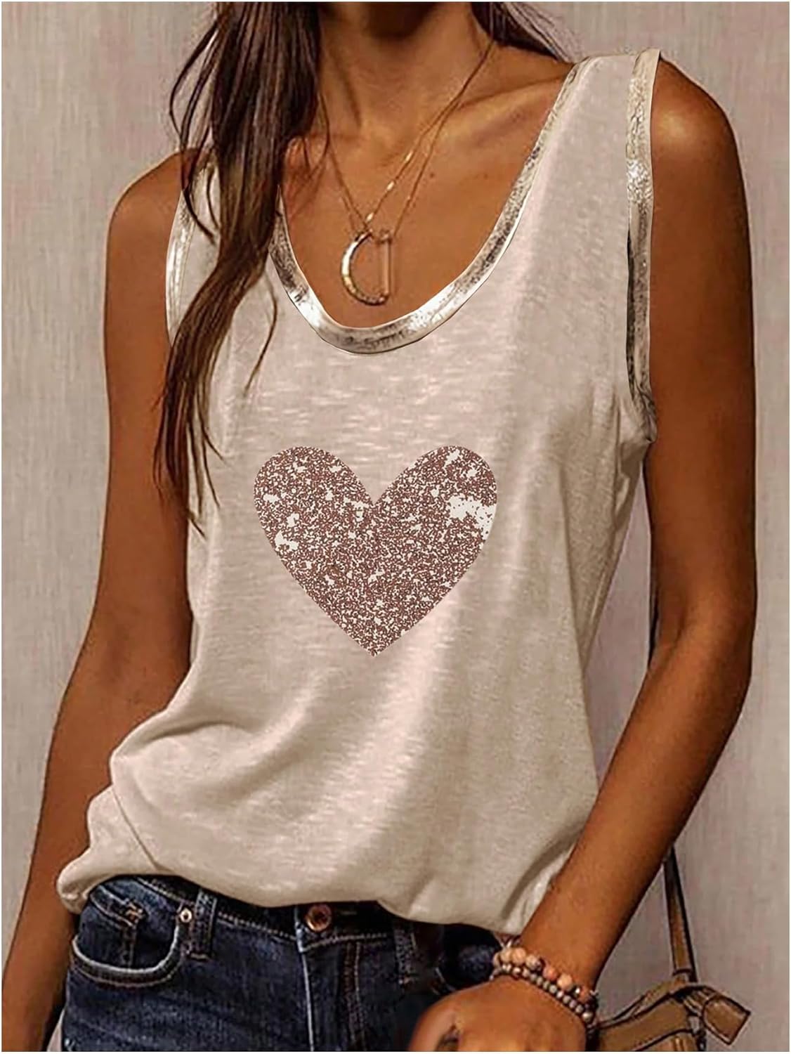 SOLY HUX Women's Heart Print Scoop Neck Tank Top Sleeveless Metallic Trim Dressy Casual Tops - Image 3