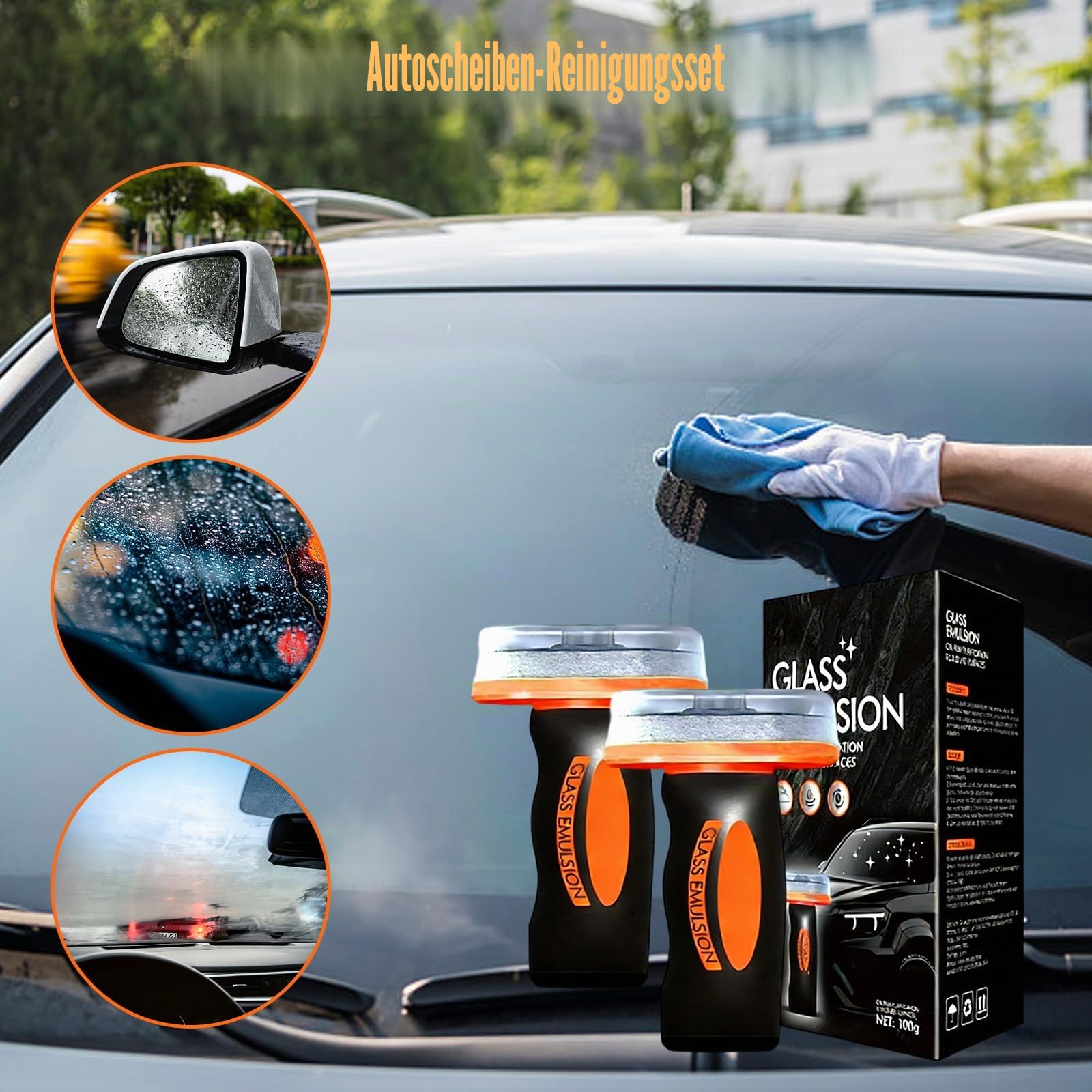 Handheld Ölfilm Entferner für Glas, 2er Pack Glasreiniger Emulsion mit Reinigungsbürste, Windschutzscheiben Reiniger und Scheibenreiniger Auto, für klare Sicht