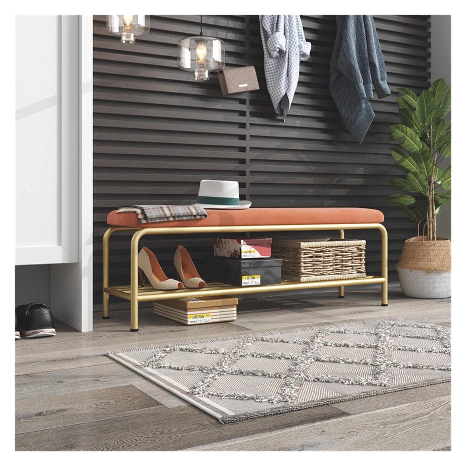 WJFTODAY Shoe Bench with Storage Orange Sofa Stool for Home Entrance Door Shoe Cabinet Porch Storage Stool 60x30x42cm Stylish Shoe for Entryway