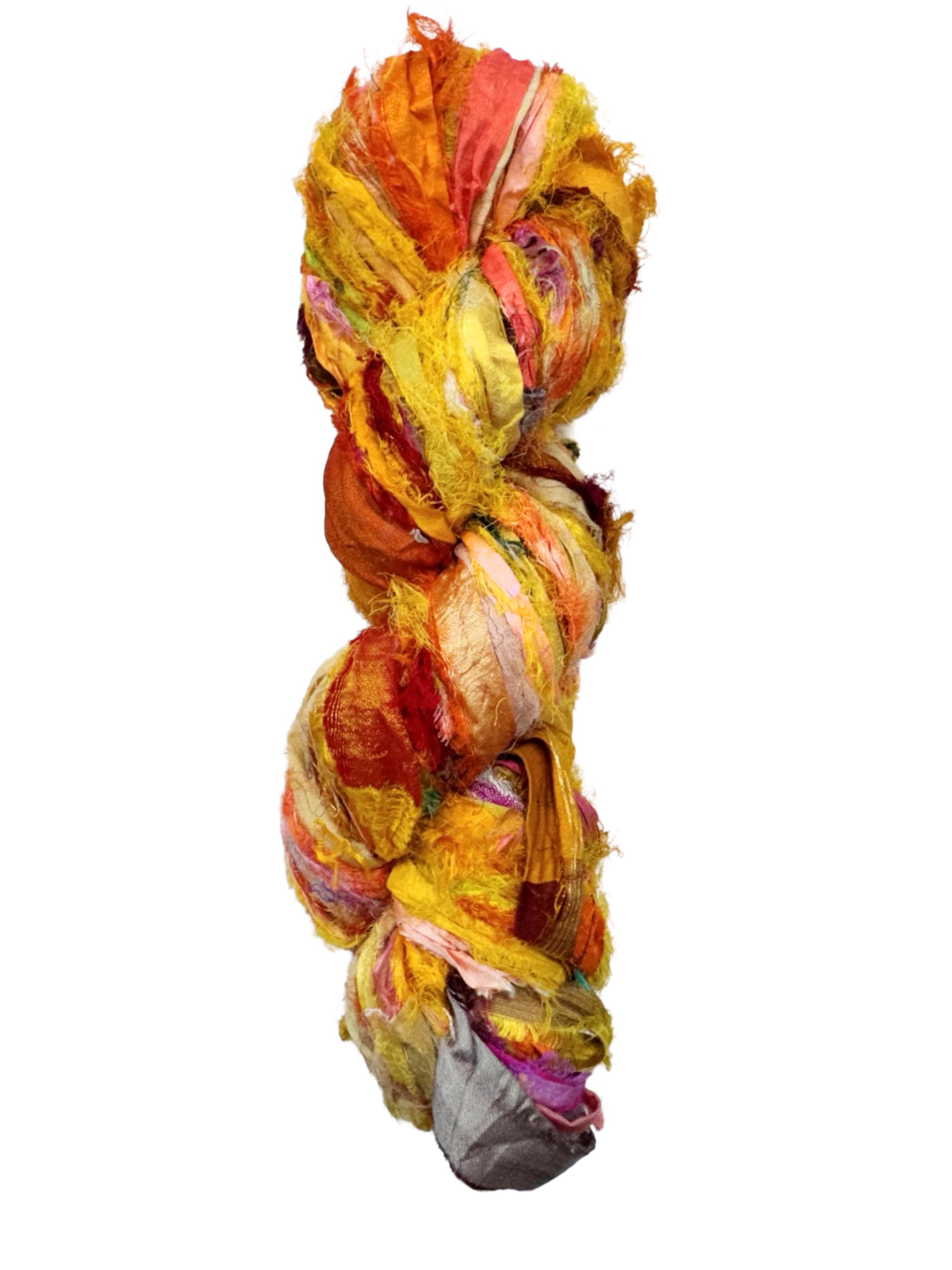 Maker's Craft Recycled Fuzzy Fringes Sari Silk Ribbon Yarn 35yards, 100Grams for DIY Knitting Crocheting Gift Wrapping, Christmas Decoration, Macrame Makers, Jewelry Making, Rugs Hooking (Yellow)