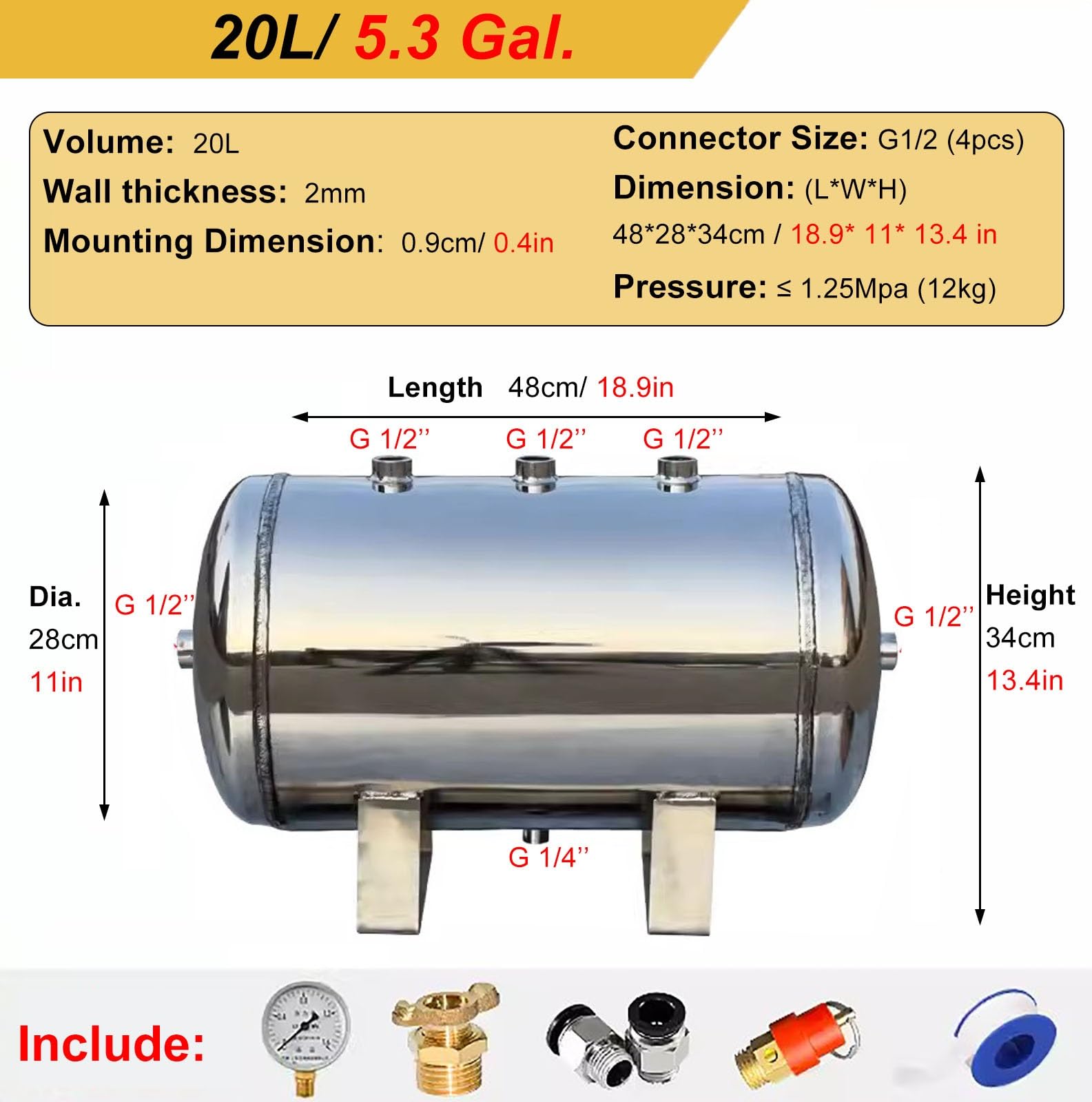 Réservoir de stockage d'air comprimé en acier inoxydable, réservoir de compresseur d'air de réserve horizontal pour laboratoire/usine/atelier de réparation automobile(20L/48x28x34cm)