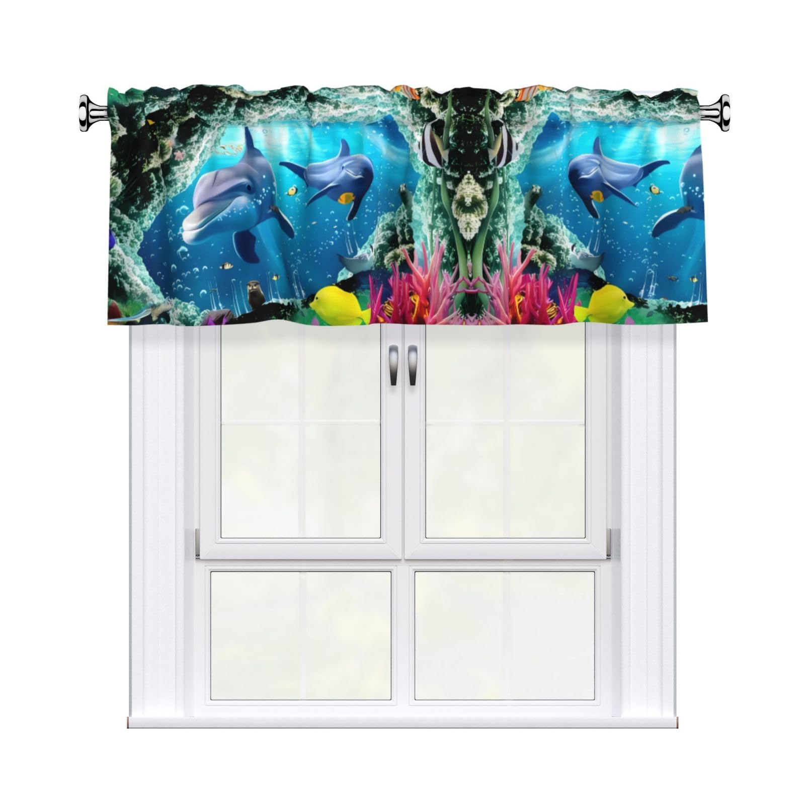 HJFCZH Ocean Underwater Dolphin Fish Prints Durable Window Layer – 54x18 Inch 100% Polyester Peach Skin Valance for Long-Lasting Style