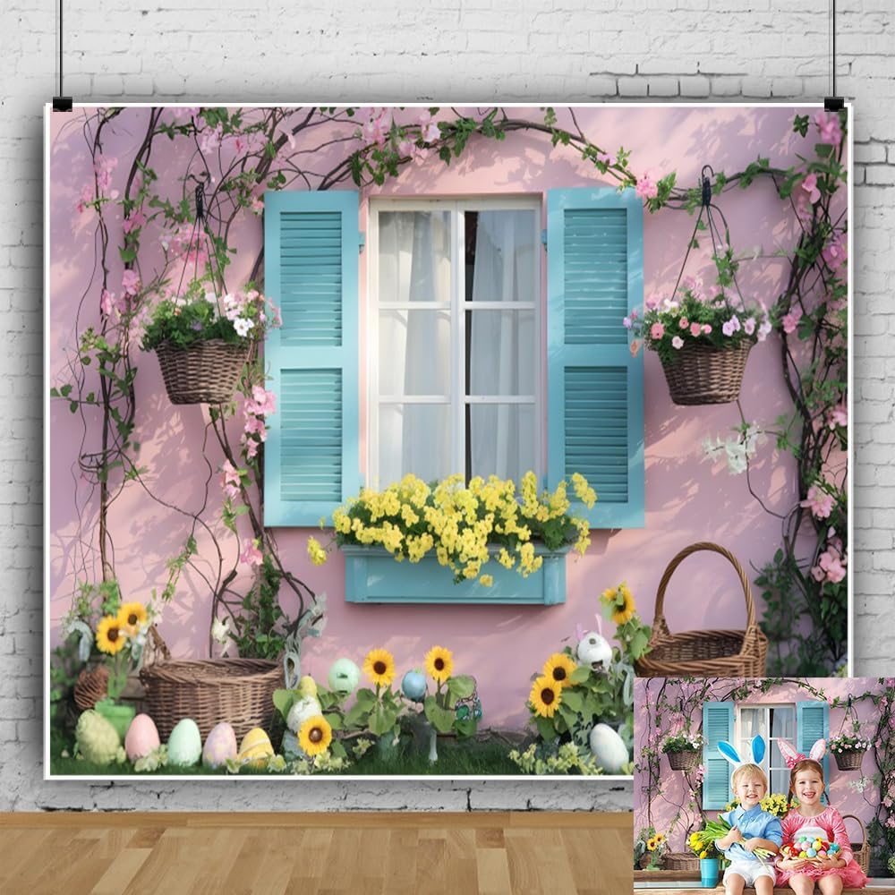 Spring Easter Backdrop 10x8ft Pink Wall Blue Window Floral Backdrop for Photography, Party Decorations, Baby Showers, Props for Photoshoot