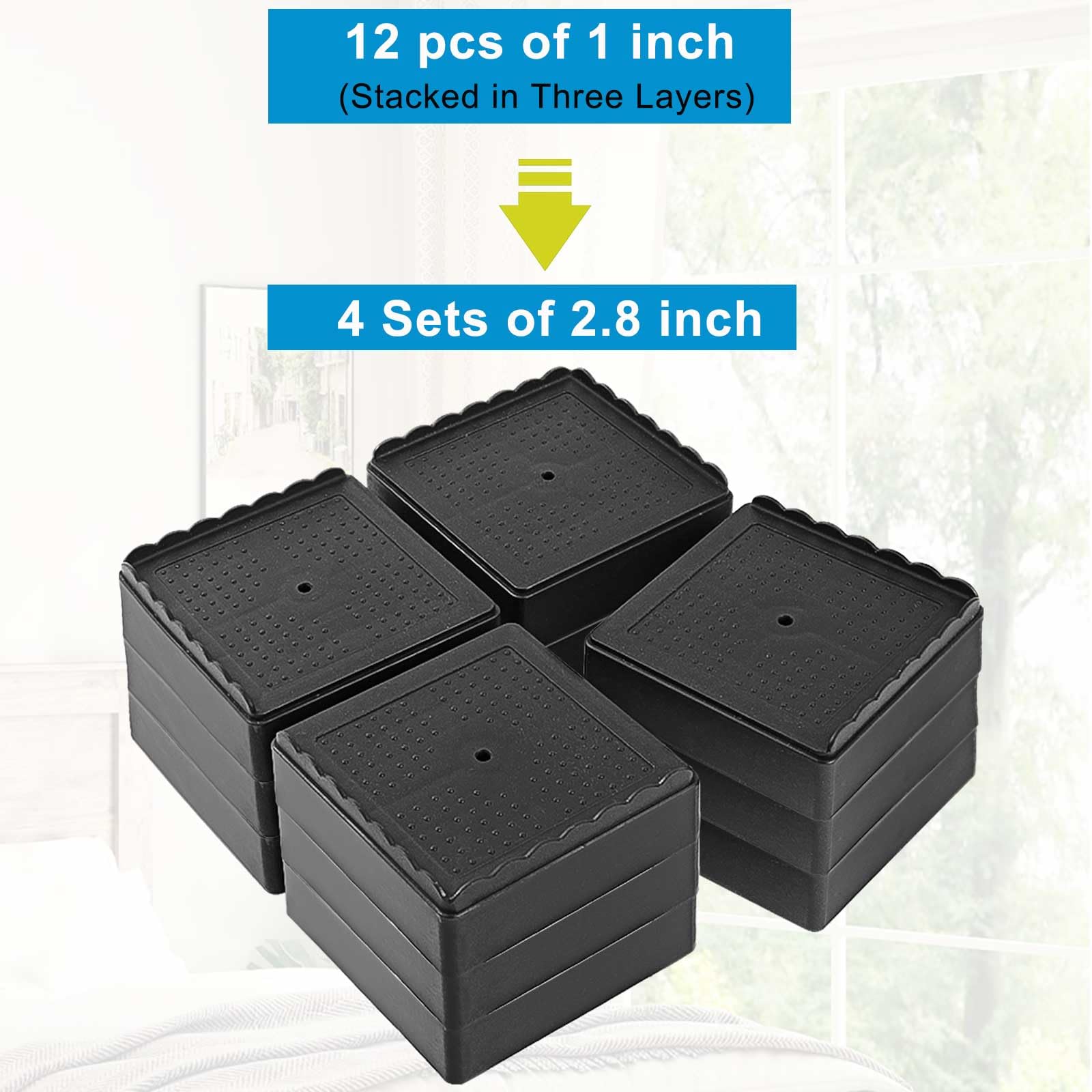 Elevadores de cama de 1, 2, 3 y 4 pulgadas, resistentes, ajustables para mesa, escritorio, sofá, silla, reclinable, marco de patas para dormitorio, bloques apilables (negro, paquete de 4, 1+1+1