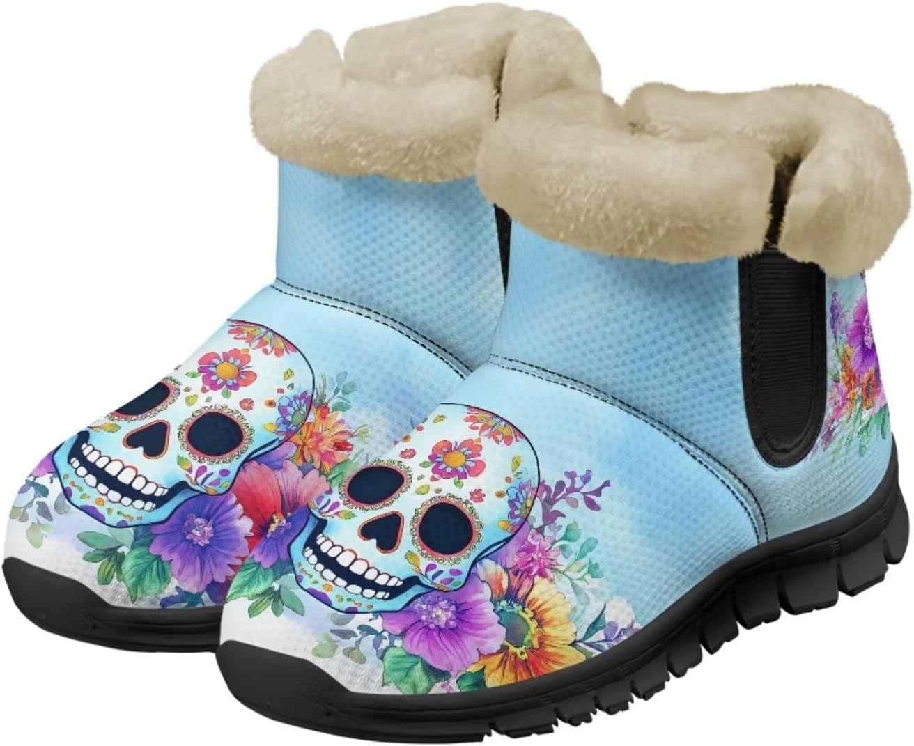 Skull Womens Snow Boots Fuzzy Thickening Shoes Rose Lightweight Cozy Slip On Winter Shoes