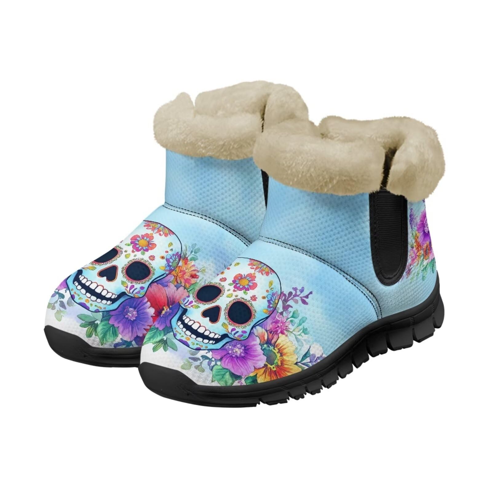 Skull Womens Snow Boots Fuzzy Thickening Shoes Rose Lightweight Cozy Slip On Winter Shoes