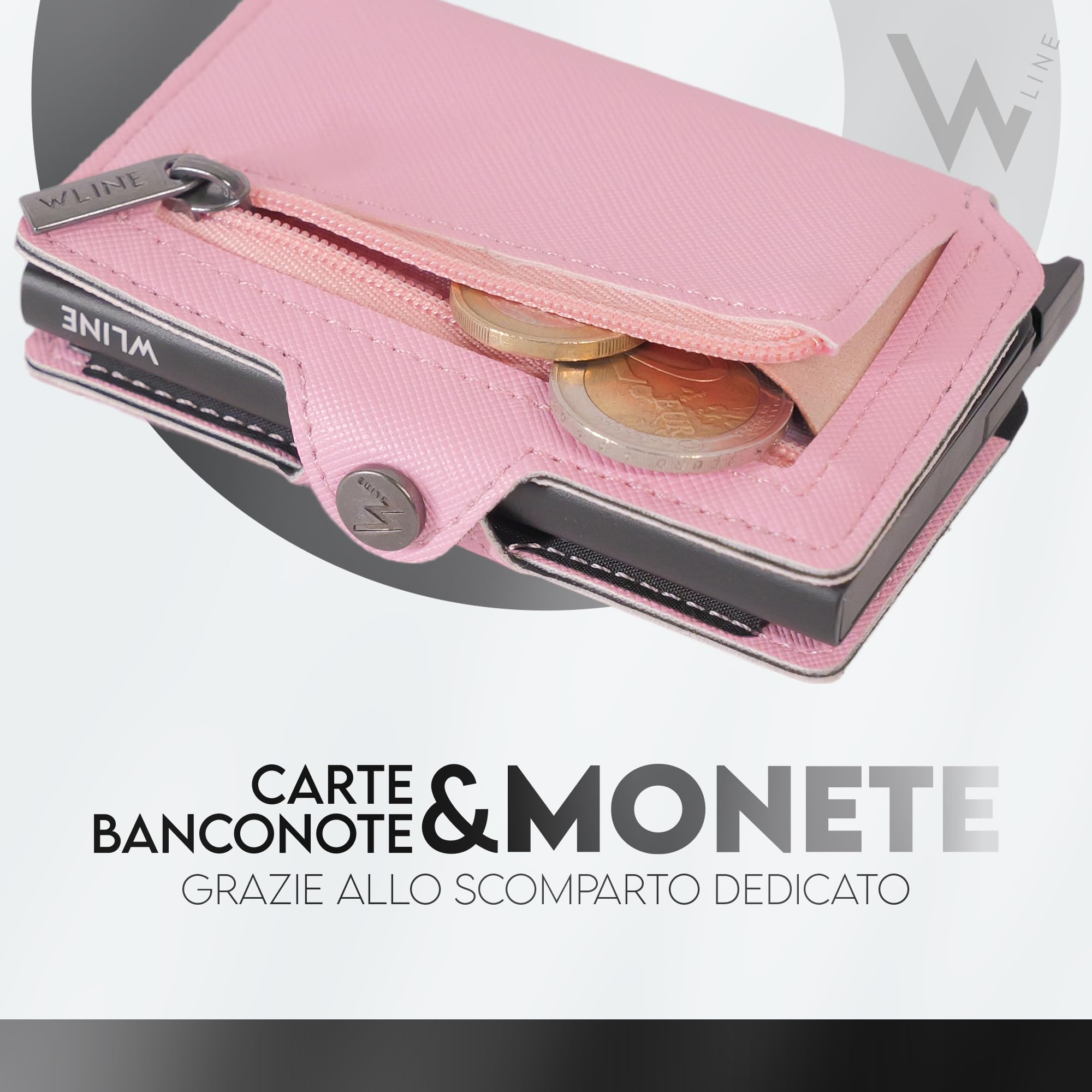 WLine Portafoglio Donna Piccolo con Portamonete Rfid Compatto ed Elegante - Porta Carte di Credito Donna e Uomo Schermato in Pelle PU - Portatessere Tascabile (Rosa e Nero Saffiano, Con Zip)