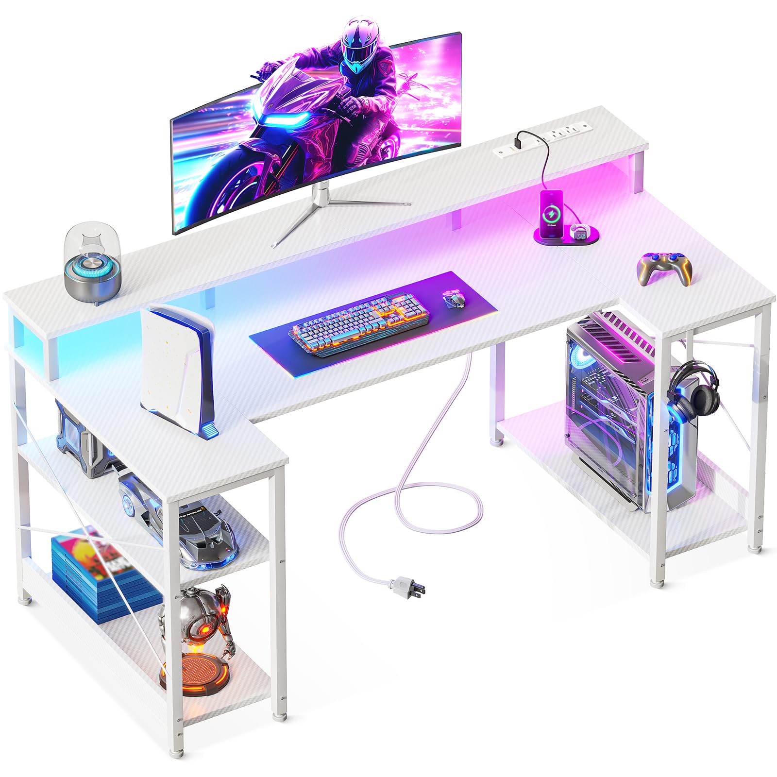 ODK 48 Inch Gaming Desk with LED Lights and Power Outlet, U-Shaped Computer Desk with Monitor Stand and Storage Shelves, PC Gamer Table for Home