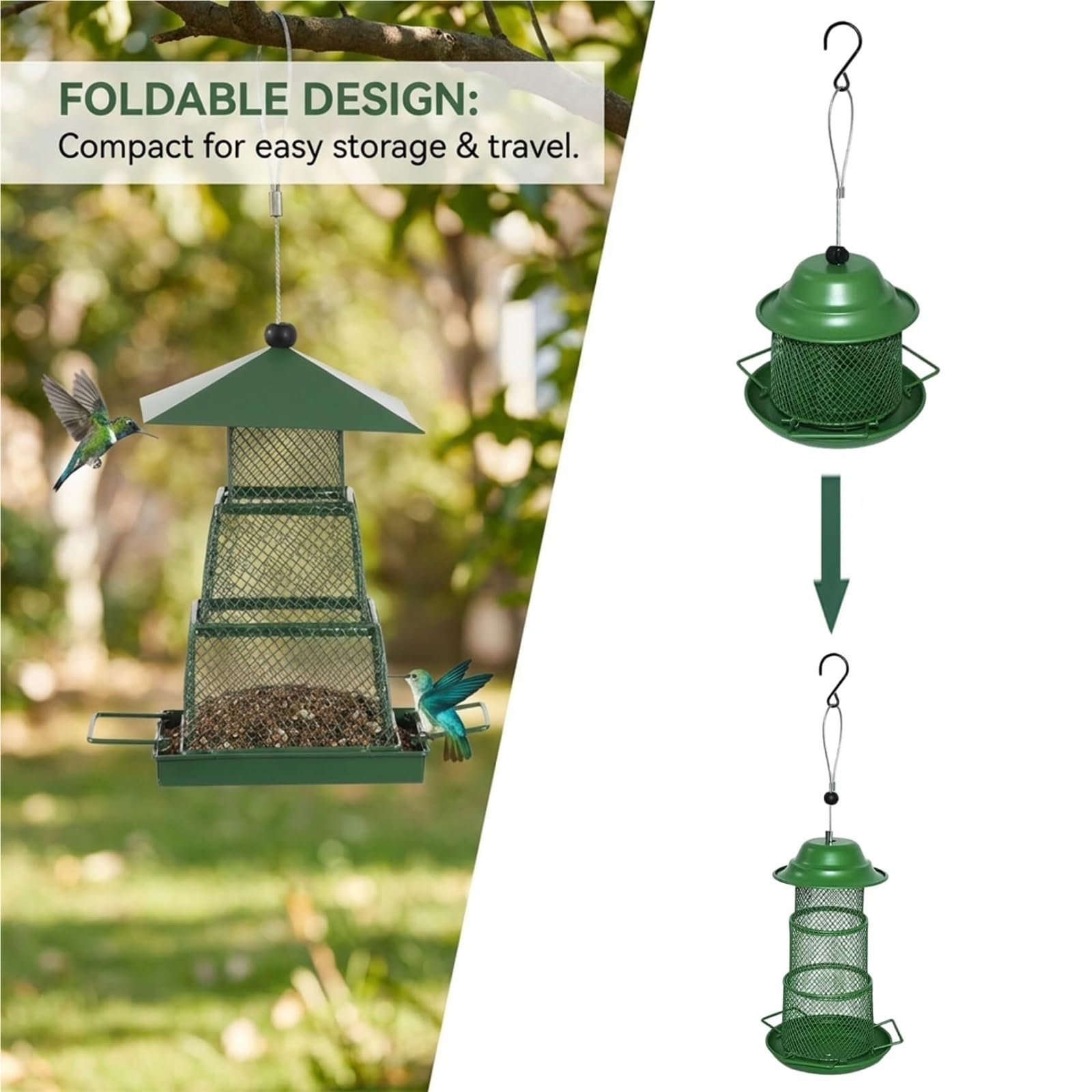 Comedero for pájaros Colgante, portátil, Plegable, de Metal con Bandeja, Gran Capacidad, Resistente a la Intemperie, a la Lluvia for balcón y Patio Trasero