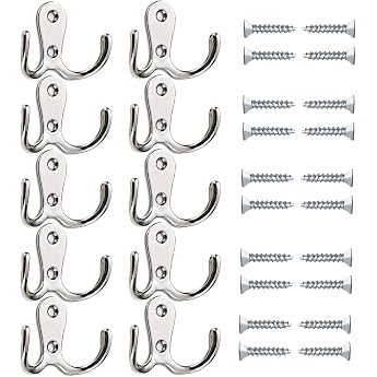 Pack of 10 Wall Hooks Small Silver Chrome Coat Hooks Vintage Double Coat Hooks with Screws for Clothes Towels Hats Keys