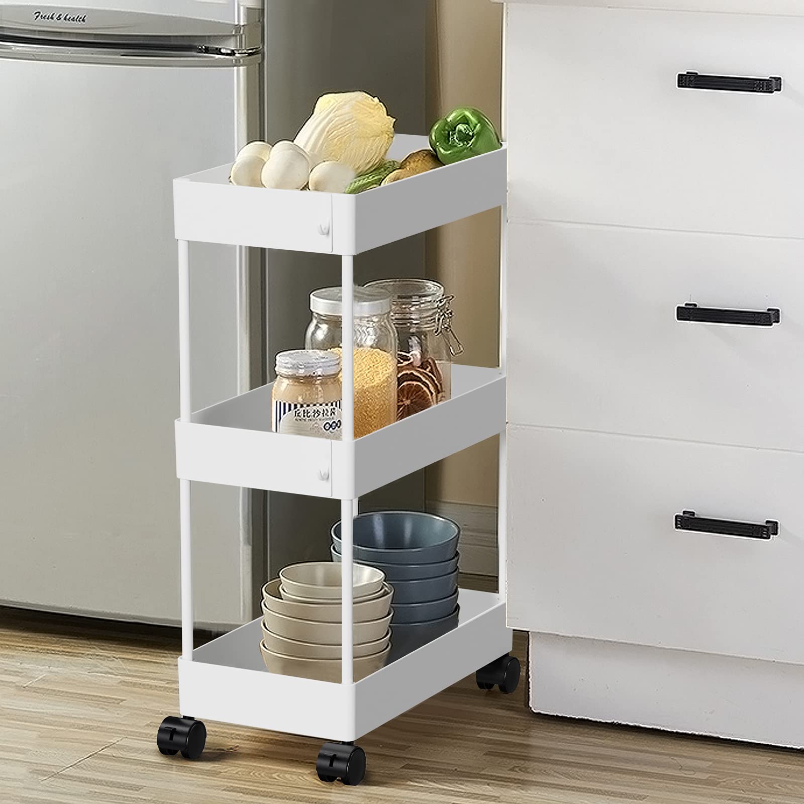 AOJIA Slim Storage Cart, 3 Tier Slide Out Storage Cart Bathroom Storage