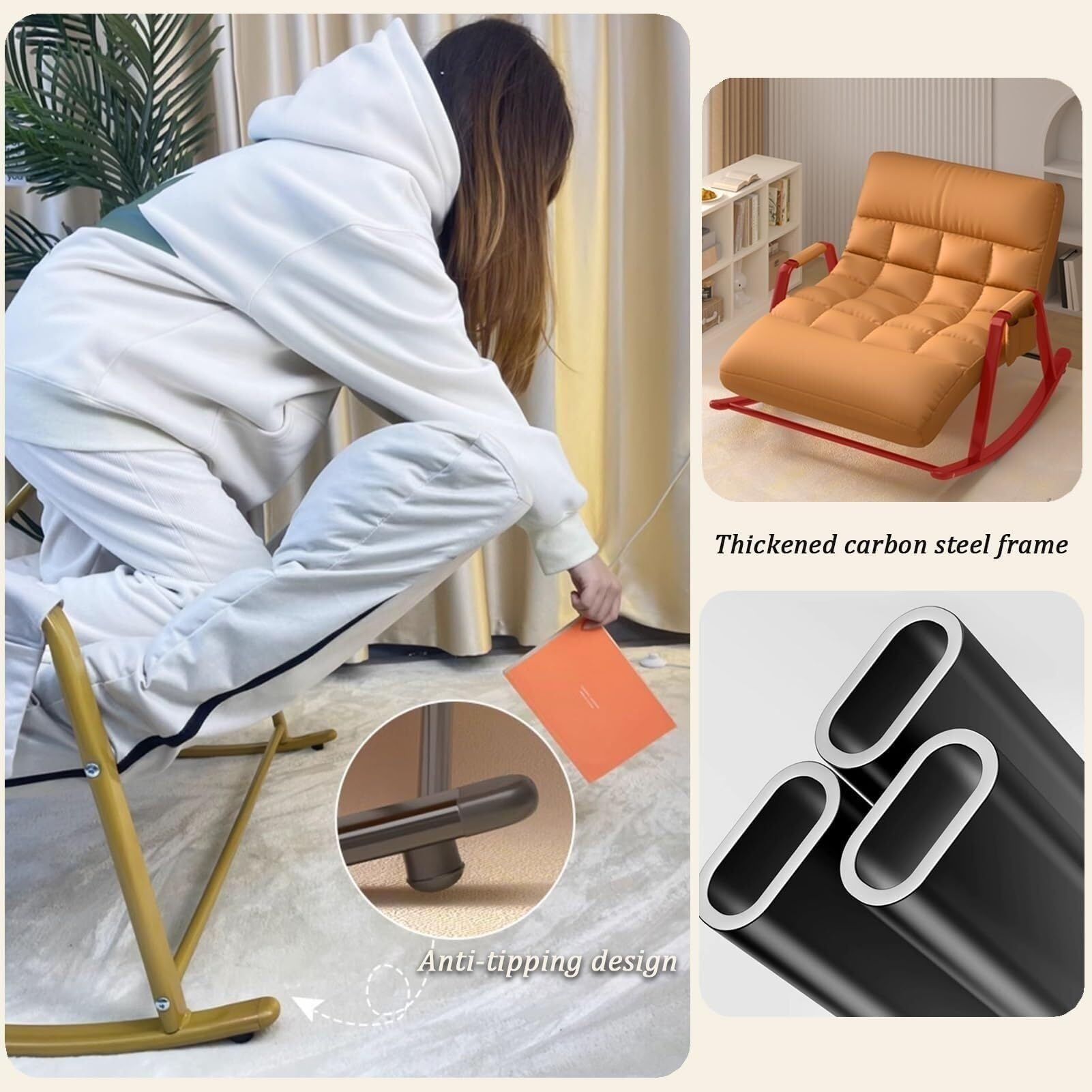 ZXFDMSWJ Doppel-Schaukelstuhl mit Seitentasche, Tragkraft 250 kg, gepolsterter Schaukelstuhl für Schlafzimmer und Wohnzimmer, moderner Stuhl (grau, schwarzer Rahmen)