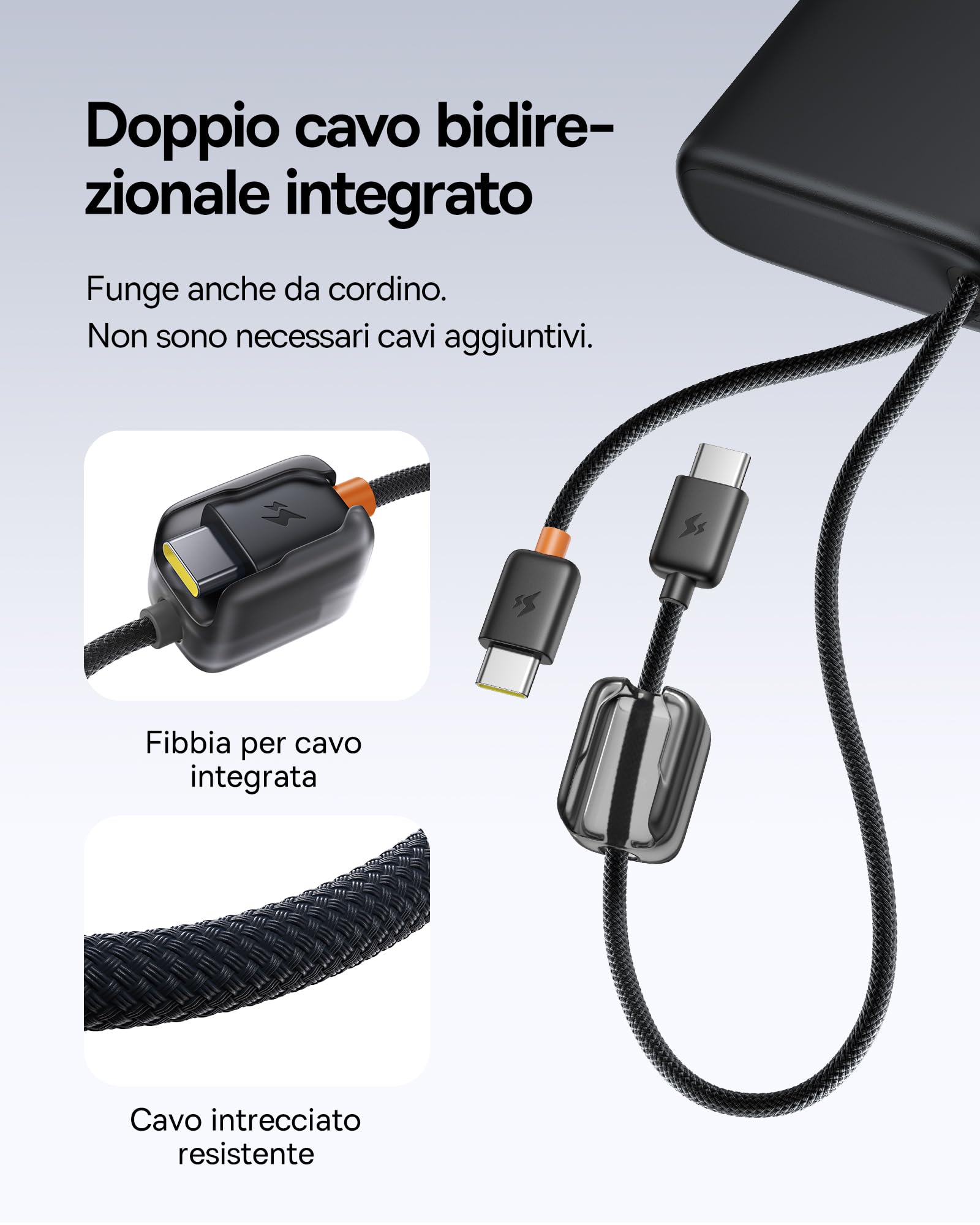 Baseus FC41 145W Powerbank per Laptop Certificato CCC, Ricarica Rapida PD3.1, 25000mAh Power Bank con 2 Cavi USB-C Integrati, Batteria Esterna per MacBook Pro, iPhone, iPad, Samsung, Nero