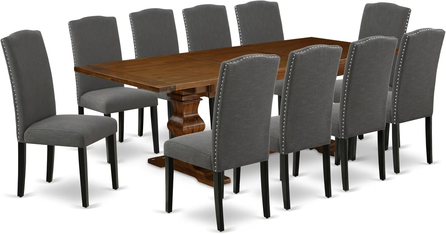 East West Furniture LAEN11-81-20 11 Piece Dining Table Set Includes a Rectangle Dinner Table with Removable Leaf and 10 Dark Gotham Linen Fabric Parson Chairs, 42x92 Inch, Walnut