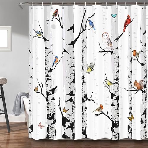 Cortina de ducha de tela de invierno con pájaros, cortina de ducha de bosque de abedul blanco y negro para baño, cortinas de ducha de animales con