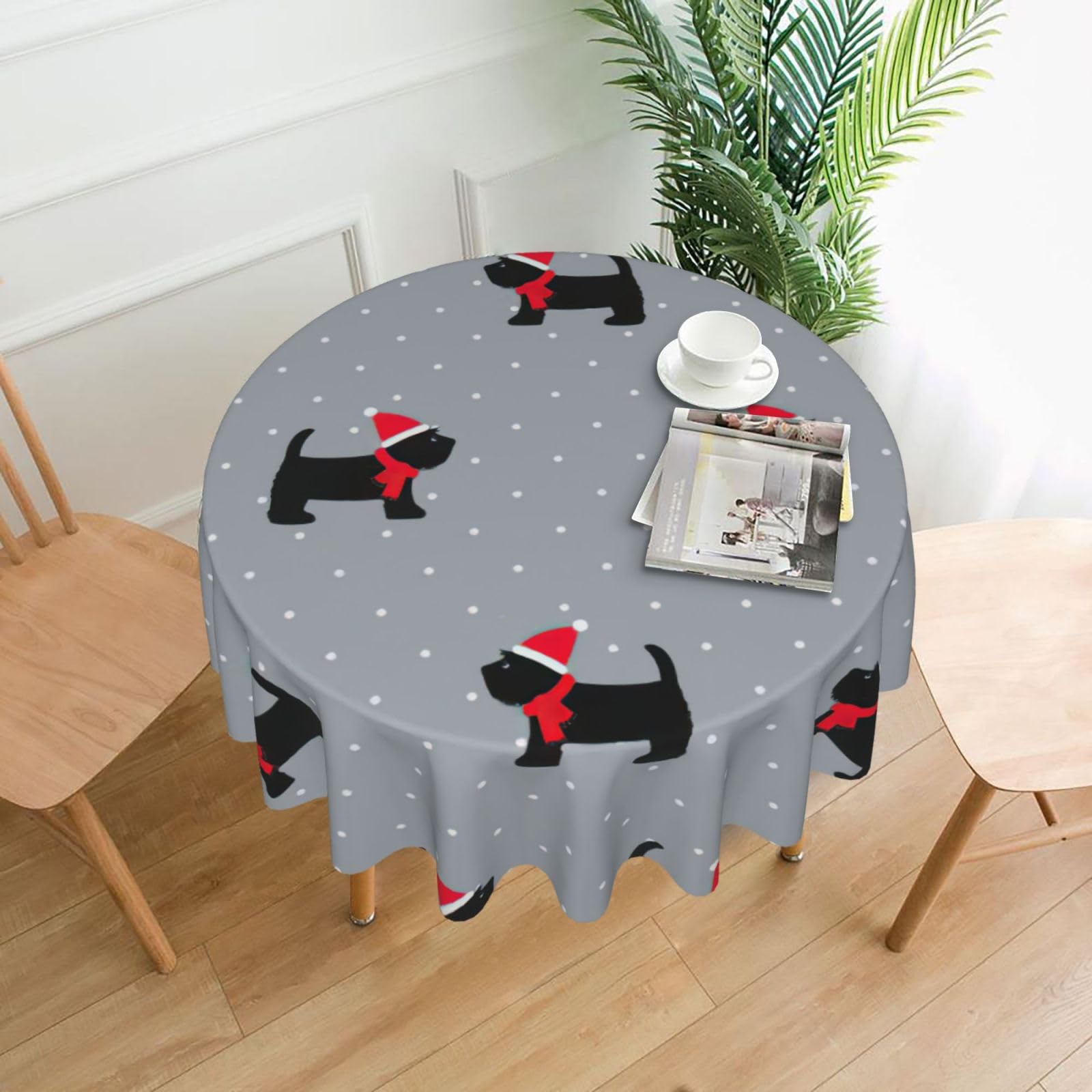 Uusnwaa Xmas Cute Dogs Print Round Tablecloth 60 Inch, Stain Wrinkle Resistant Washable Polyester Table Cover For Kitchen Party
