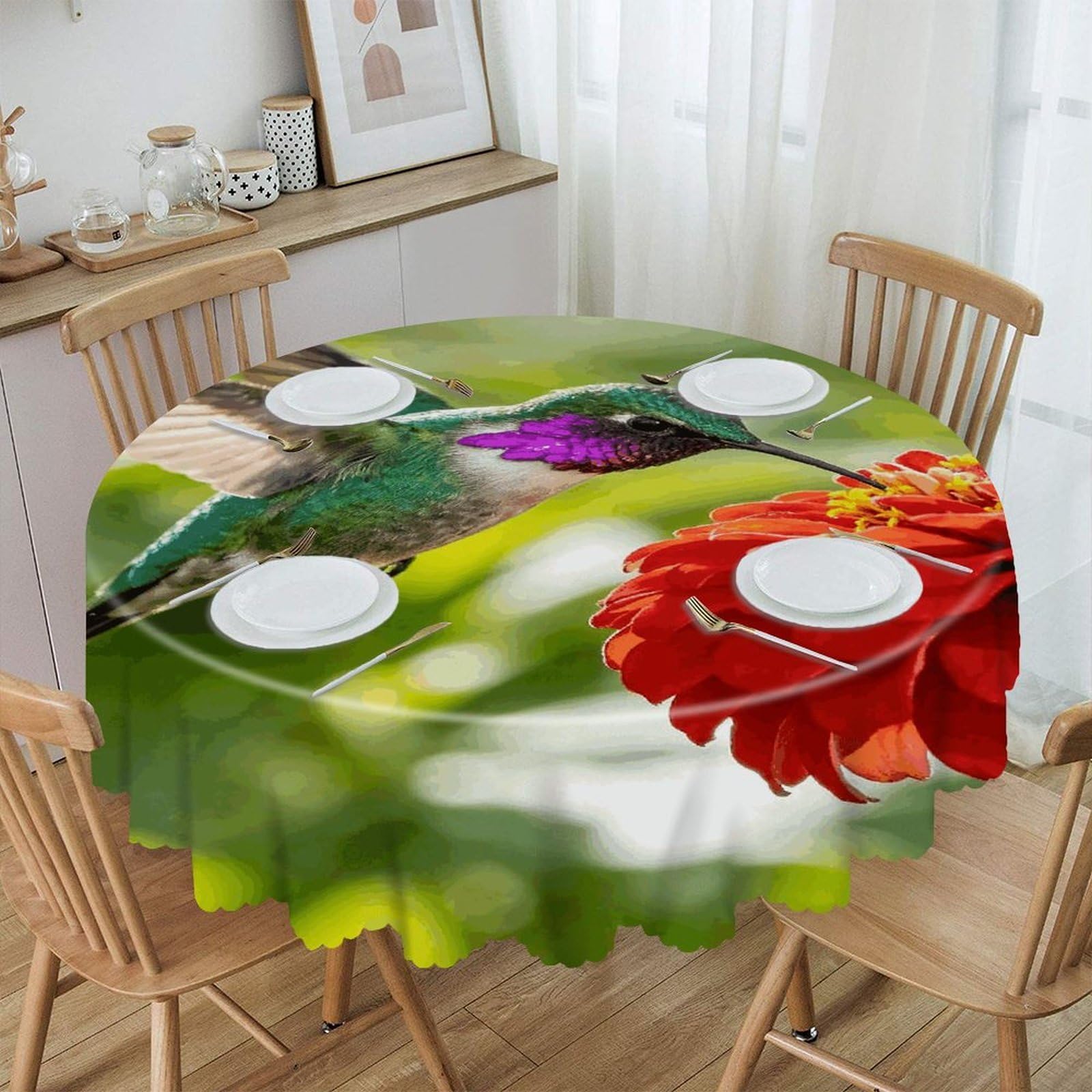 Khauerbc Style Hummingbird Flowers Round Tablecloths,Spill Proof,Polyester Fabric Washable Table Cloth Cover For Dining Wedding And Outdoor,Soft Toching And Easy Clean