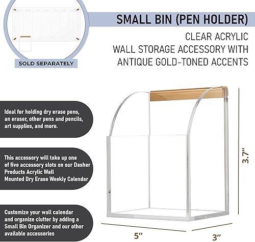 Miniatura 2 de Portalápices acrílico para calendario de pared transparente, organizador de 3.7 x 3 x 5 pulgadas con herrajes dorados para bolígrafos, lápices,