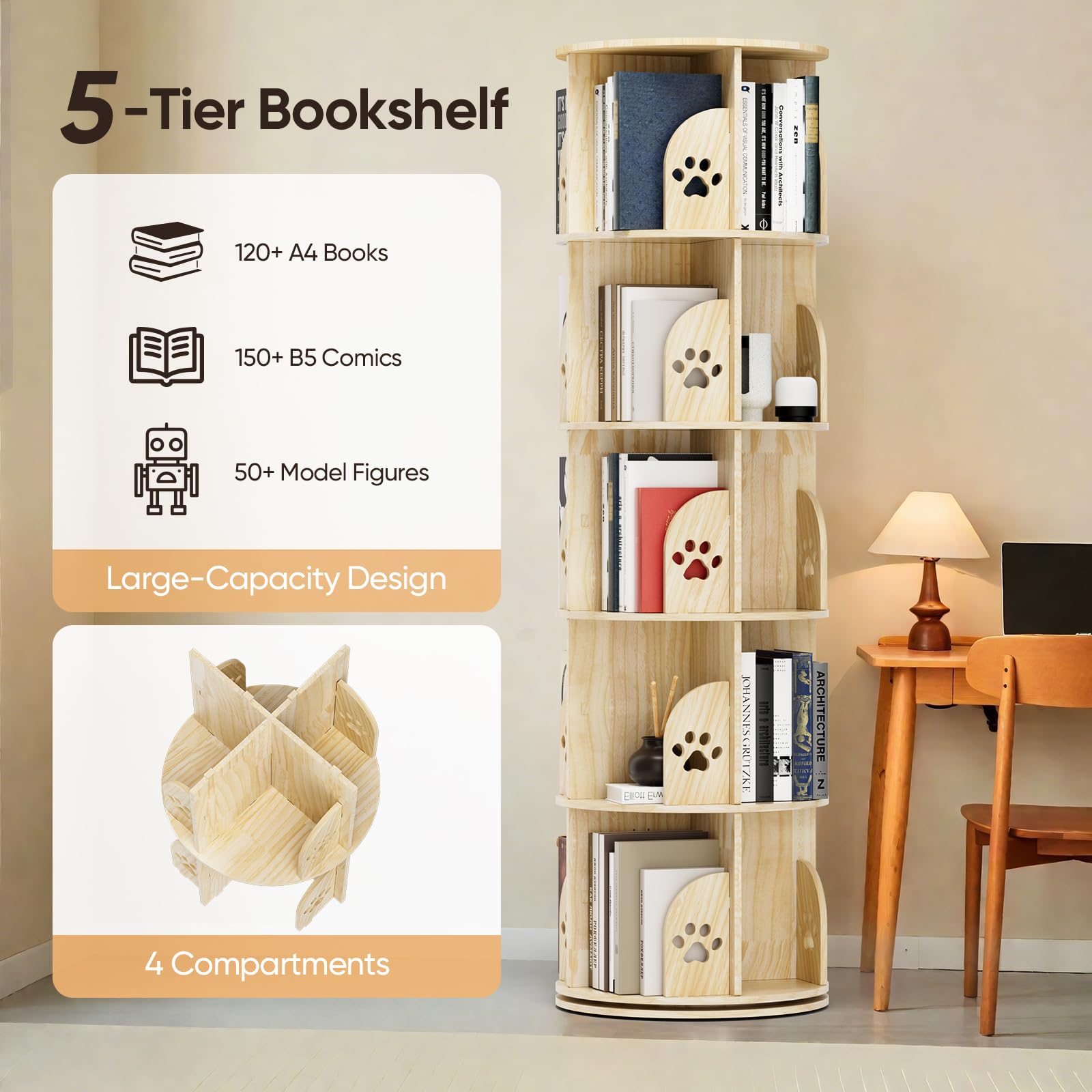Produktbild von Drehbares Bücherregal, Standregal, 360 Grad, Lagerregal Für Kinder Und Erwachsene, Multifunktionales Bücherregal Massivholz, Das In Schlafzimmern, Wohnzimmern, Arbeitszimmern ,K,5 Layers 45x45x163cm