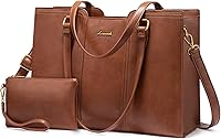 LOVEVOOK Women's Waterproof Laptop Tote Bag - Vintage PU Leather Work Purse Fits 15.6" Laptop with Wristlet Clutch