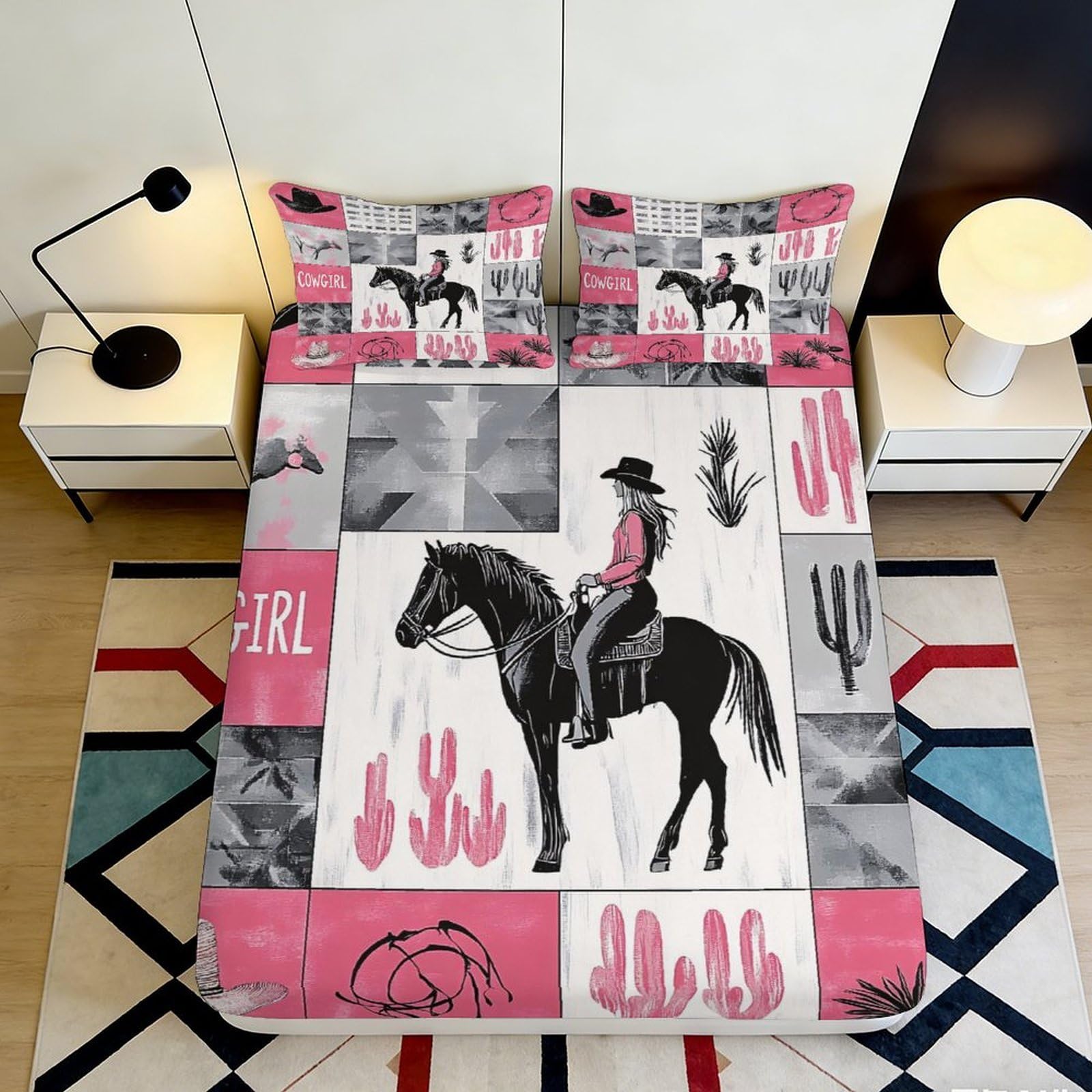 3D Printed Western Cowboy Fitted Sheet Microfiber Pink Cactus Bed Sheet Anti-Slip Easy Care Bedroom Decor Mattress Cover 90x200x25cm