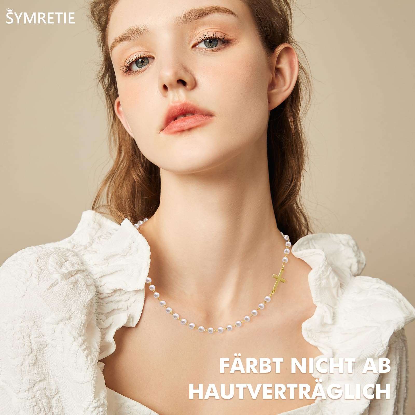 Damen Perlenkette Imitationsperle Halskette mit Kreuz 4 mm Hochzeit Brautschmuck