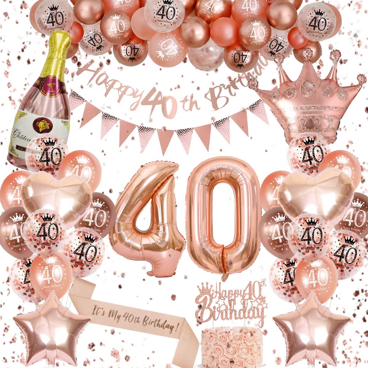 Rose Gold 40th Birthday Decoration for Women - Happy 40th Birthday Banner, Triangle Flag Banner, Number 40 Balloons, Foil Curtains for Party Decorations