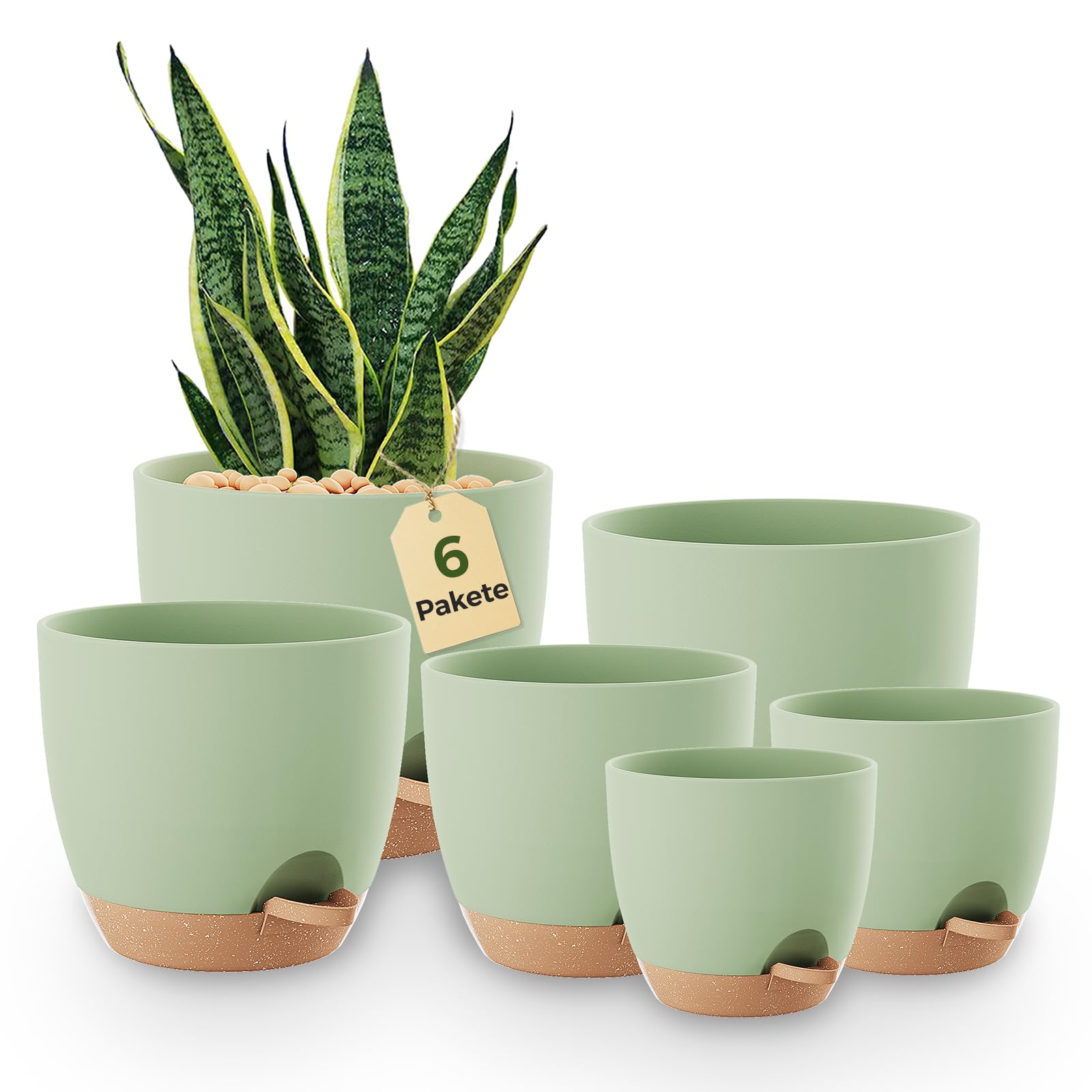 Bamworld Blumentöpfe 6 Set Selbstbewässernd Grün 12.7cm/14cm/15.2cm/16.5cm/17.8cm/20.3cm Blumentopf Pflanzentopf mit Untersetzer,Anzuchttöpfe,Zimmerpflanzen,Fensterbank deko