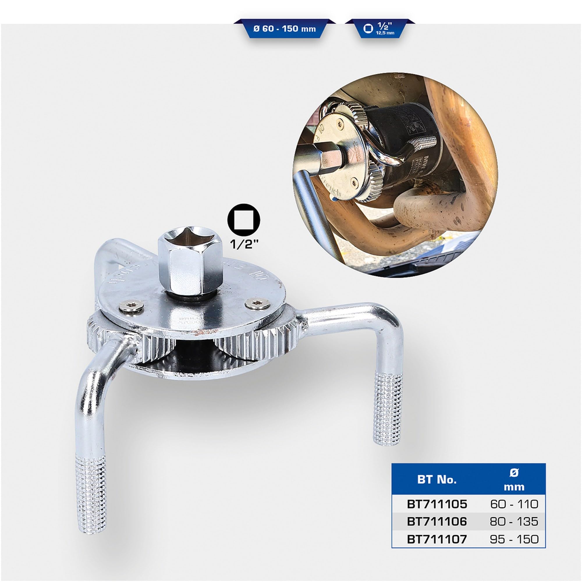 Chiave Universale Per Filtro Olio A 3 Ganasce, Diametro 60-110 Mm, Adattatori 3/8'' E 1/2'', Per Auto E Moto