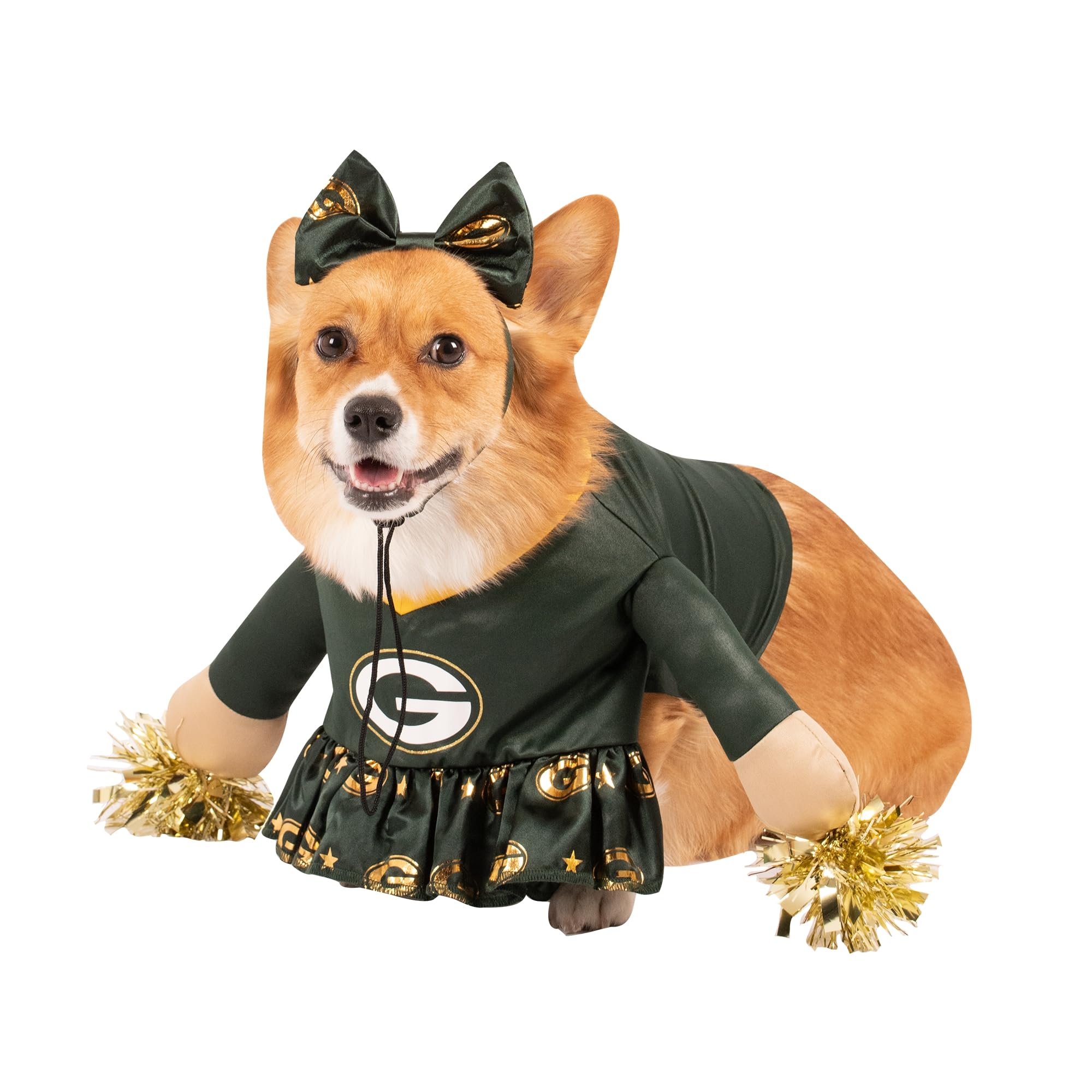NFL Green Bay Packers Officially Licensed Cheer Dog Costume Includes Dress with Faux Stuffed arms and Tinsel pom-poms and Satin Bow Headband, Size S