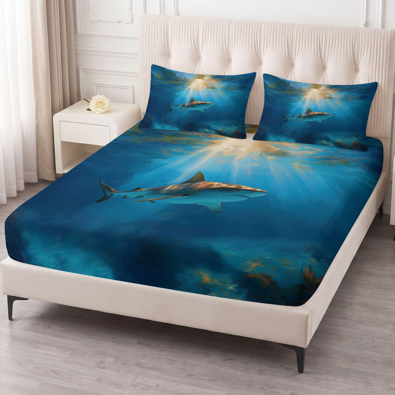 Juego de sábanas bajeras ajustables de 3 piezas, 180 x 200 cm, diseño de tiburón, de microfibra, color azul, suave y agradable a la piel, transpirable, hipoalergénica, para colchones de hasta 30 cm de