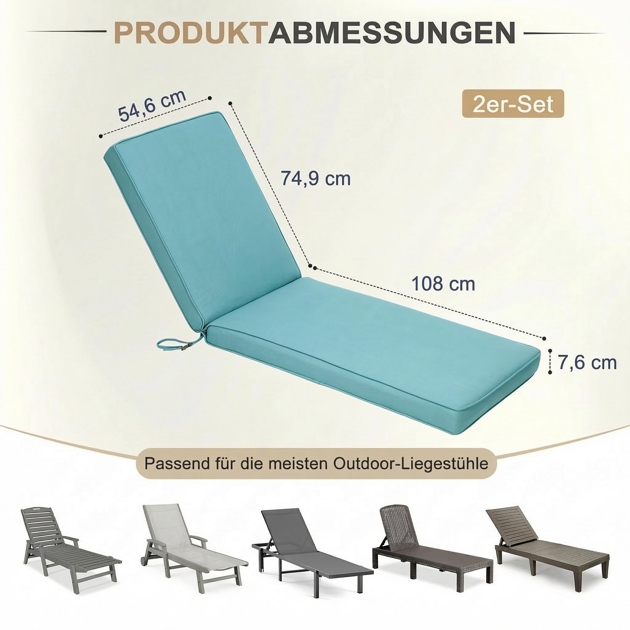 COWVIE 2er-Set Liegestuhl-Kissen, lichtbeständige und Wasserabweisende Bezüge aus Olefin-Gewebe mit Schaumstoffpolsterung, 183x55x8cm, Blaugrün