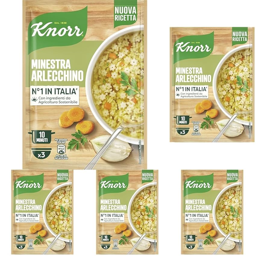 Knorr Minestra Arlecchino, Piatti Pronti Knorr con Verdure da Agricoltura Sostenibile, Senza Coloranti, Senza Conservanti, Fonte di Proteine, Vegano, 84 g (Confezione da 5)