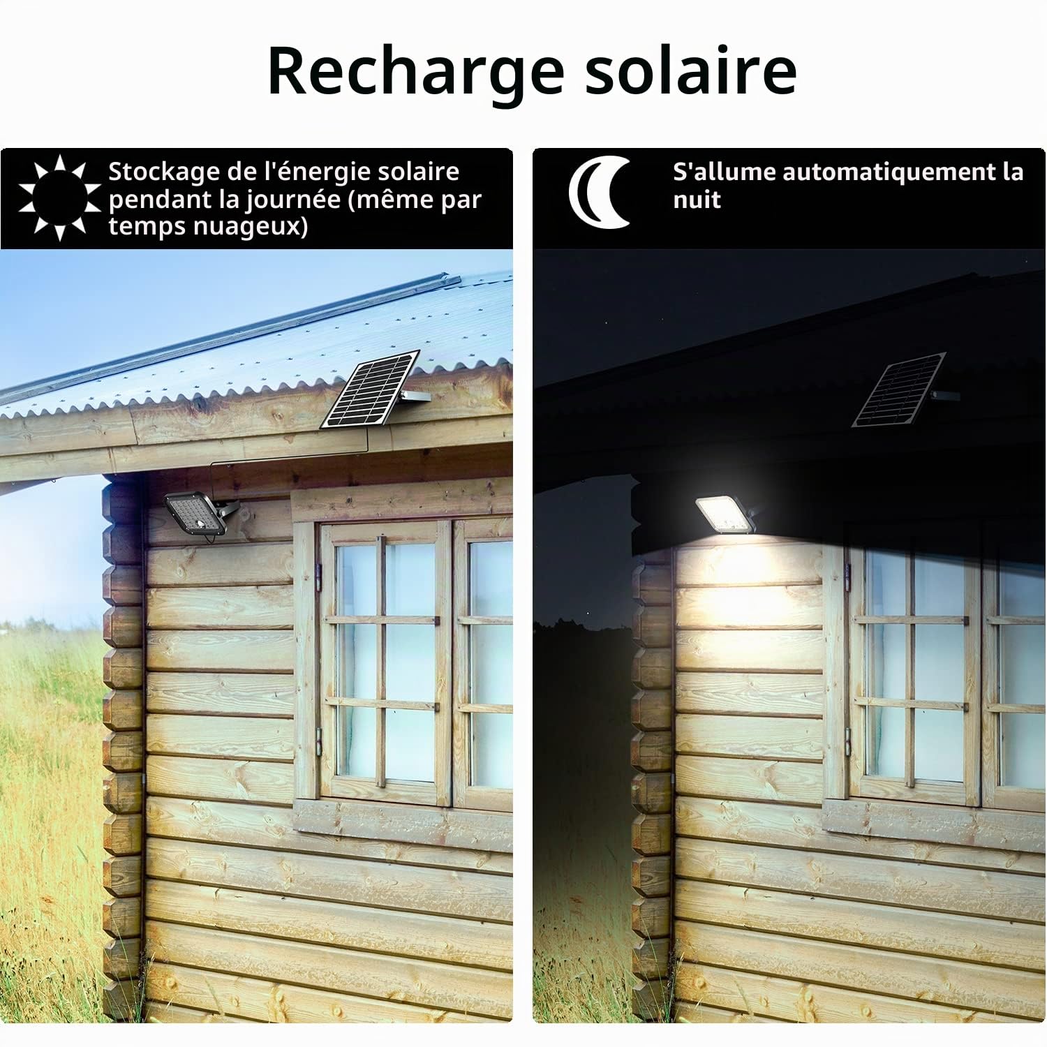 VELAMP Projecteur LED solaire de 4800 lumens, avec détecteur de présence. Panneau solaire déporté, Noir