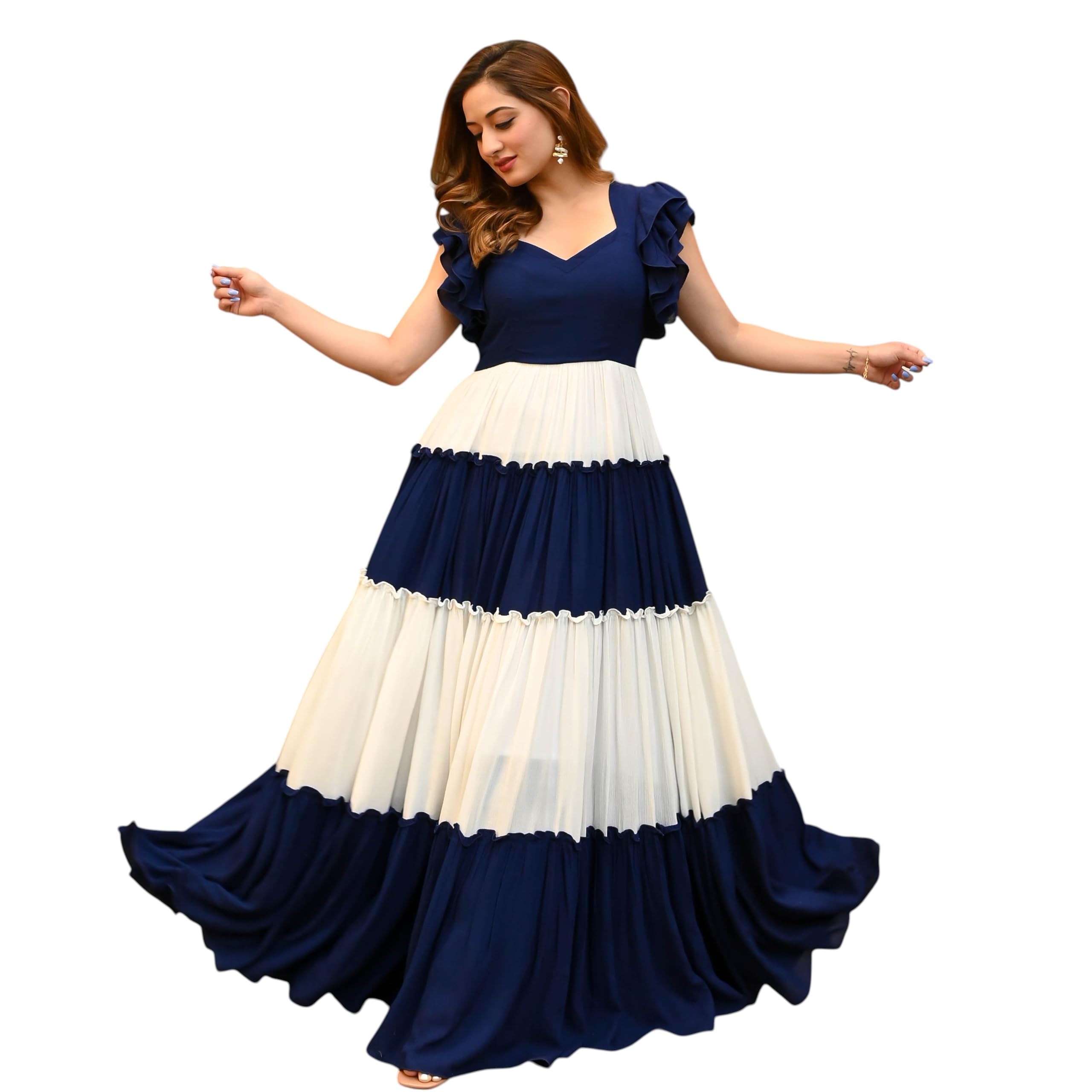 Women's Cotton Tiered Colourblock Flared Maxi, Anarkali Flared Gown | Sweetheart Neck Ruffle Sleeve Floor Length A-Line Western Dress, Outdoor, Casual-image-3